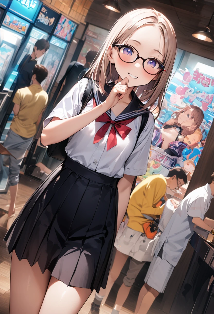 arcade、game machine、Game bench、UFO Catcher、Purikura、Glasses、forehead、Pantieini skirt、Girl、Girl、Short、Younger、Lower school year、Baby Face、flat chest、smile、Dynamic Angle、masterpiece、best quality、ultra-detail、There are customers around、I'm making a mess、Clothing