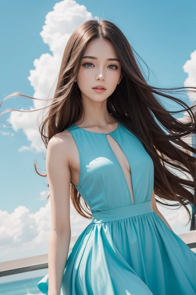 Beautiful woman with long straight hair, fair skin and green eyes and wearing a sky blue dress