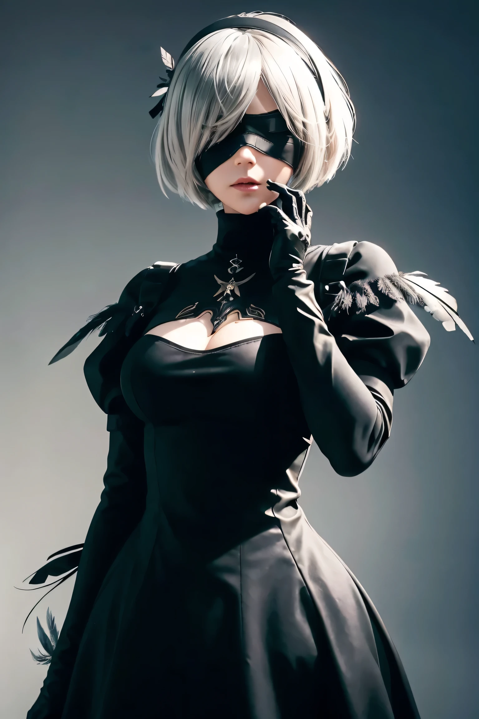 2B Nier Automata,Bobcut, Gray Hair,Long sleeve, Juliet Sleeve, White gloves, turtleneck, bangs, Feather ornament, Feather ornament sleeves, Blindfold, Black Goth Dress,Bird's-eye view,Japanese Ultra HD,super high quality,masterpiece,Digital SLR,Photorealistic,Detailed details,Vivid details,Depicted in detail,A detailed face,Detailed details,Super Detail,Realistic skin texture,Anatomical basis,Perfect Anatomy,Anatomically correct hand,Anatomically correct fingers,Complex 3D rendering,Sexy pose,Rainy Sky,Beautiful scenery,Fantastic rainy sky,Fantasy worldview,Picturesque,Pink Lips,Black butterfly々Fluttering,A ruined world,A devastated battlefield,ruins,
