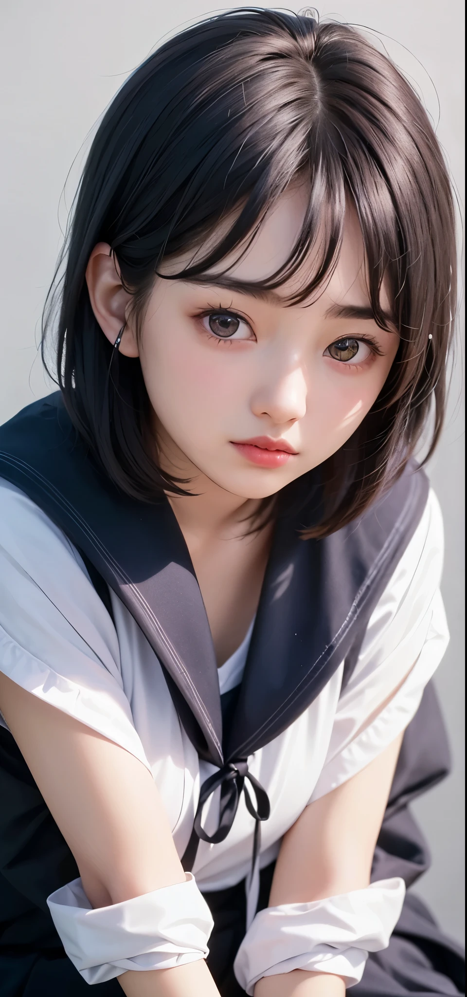 (1 nogizaka girl,15years old face,raw photo,photo realistic:1.5),(best quality, high quality,HDR, highest quality,ultra high resolution,high resolution,high res,ultra high difinition,huge file size,8K,2K wallpaper,8K wallpaper,high quality texture,amazing,an extremely delicate:1.4),one girl, Japanese famous idol,cute face,small face,absurd,ridiculous,incredibly ridiculous,blurry background,(school uniform,sailor suit,short hair,cleavage,no makeup:1.2),medium skin,beautiful skin,detailed skin,black hair,silky hair,black eyes,Japanese nose,5-fingers,(Light Particles, Lens Flare, Luminous Particles: 0.7),looking at viewer,small hands,bright lighting,professional lighting,girl