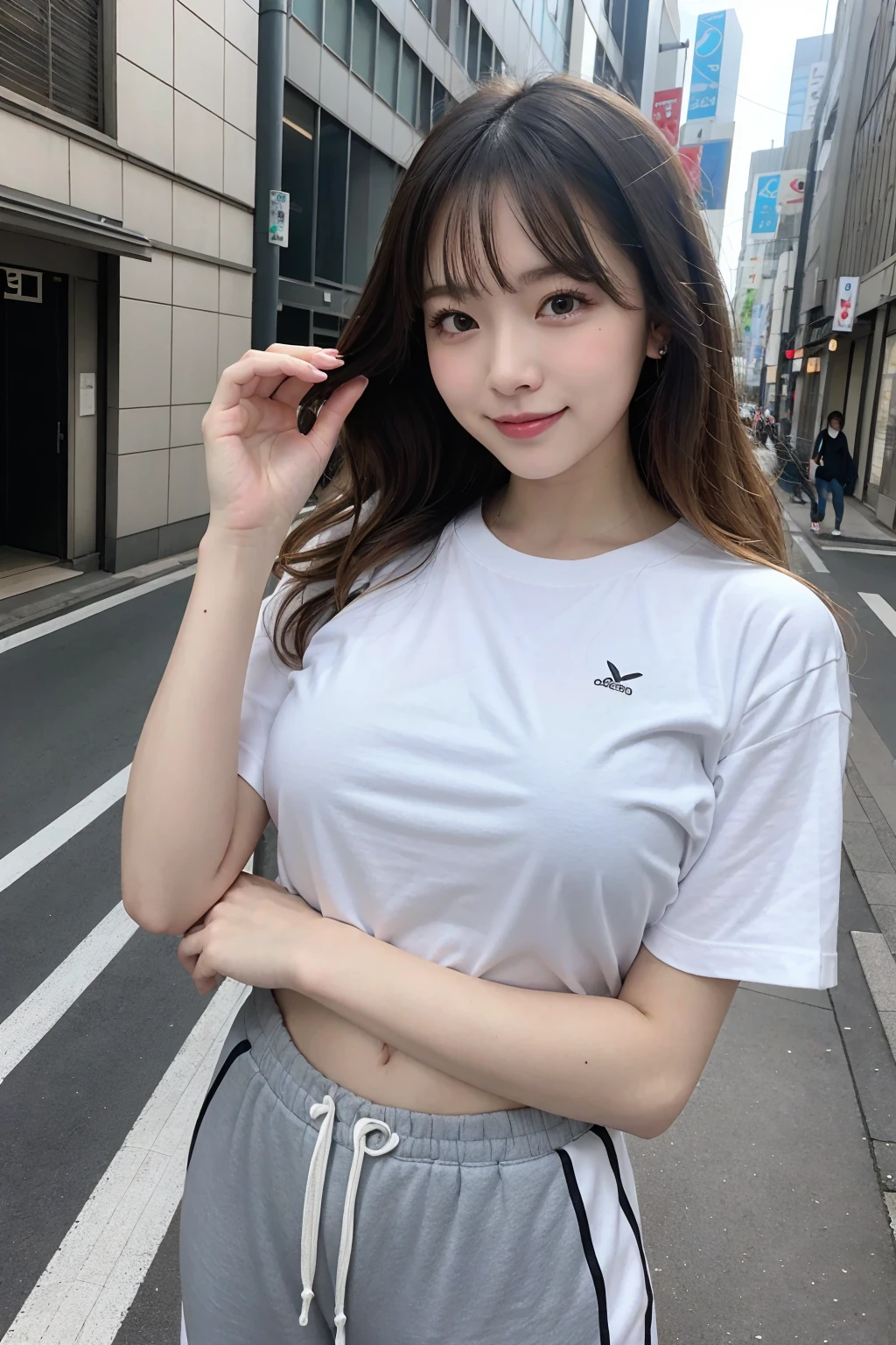 Tabletop, Highest quality, Realistic, In detail, High resolution, 8k wallpaper, Perfect dynamic composition, Beautiful attention to detail, (Medium Hair, Wavy Hair), Big ample breasts, 23 years old, (Droopy eyes), Adult Beauty, Japanese,
(random color, cute oversize t-shirt, Sweat pants), (Breast bulge:1.2),
Laughter、Cityscape, Random pose, Downtown, Walking the streets of Tokyo,