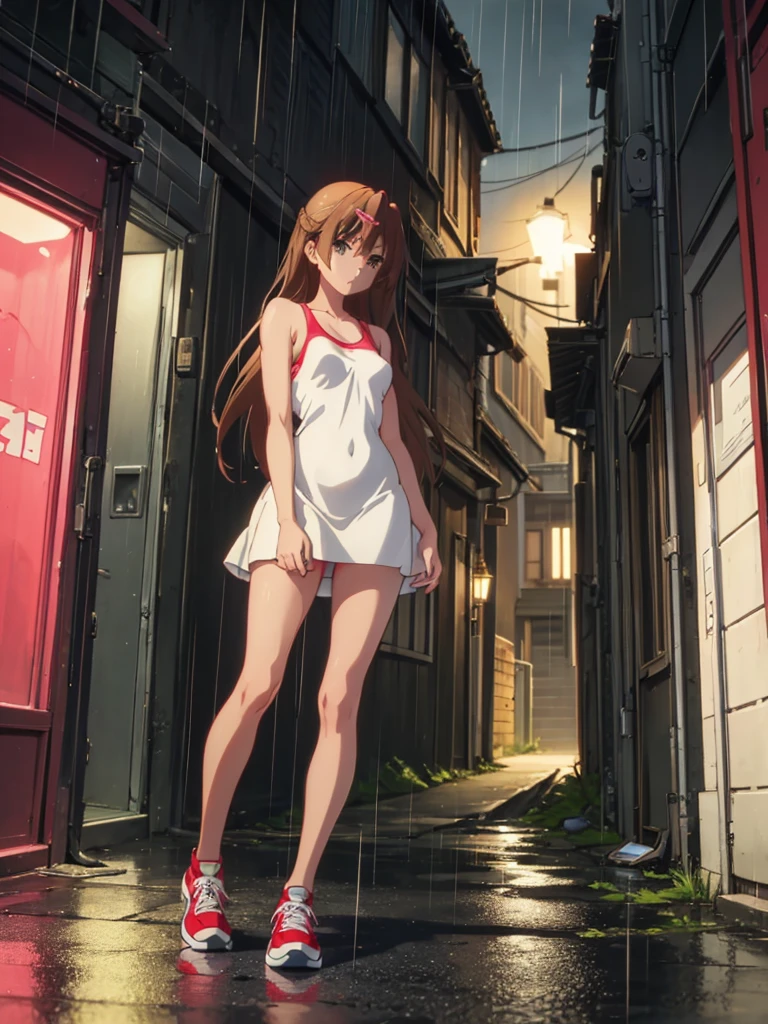 Girl, short tight dress, You can see her breasts, Bare breasts, chest visible, street background, Narrow passage between houses, night, rain, slim body, In full growth, Sneakers , small breast,