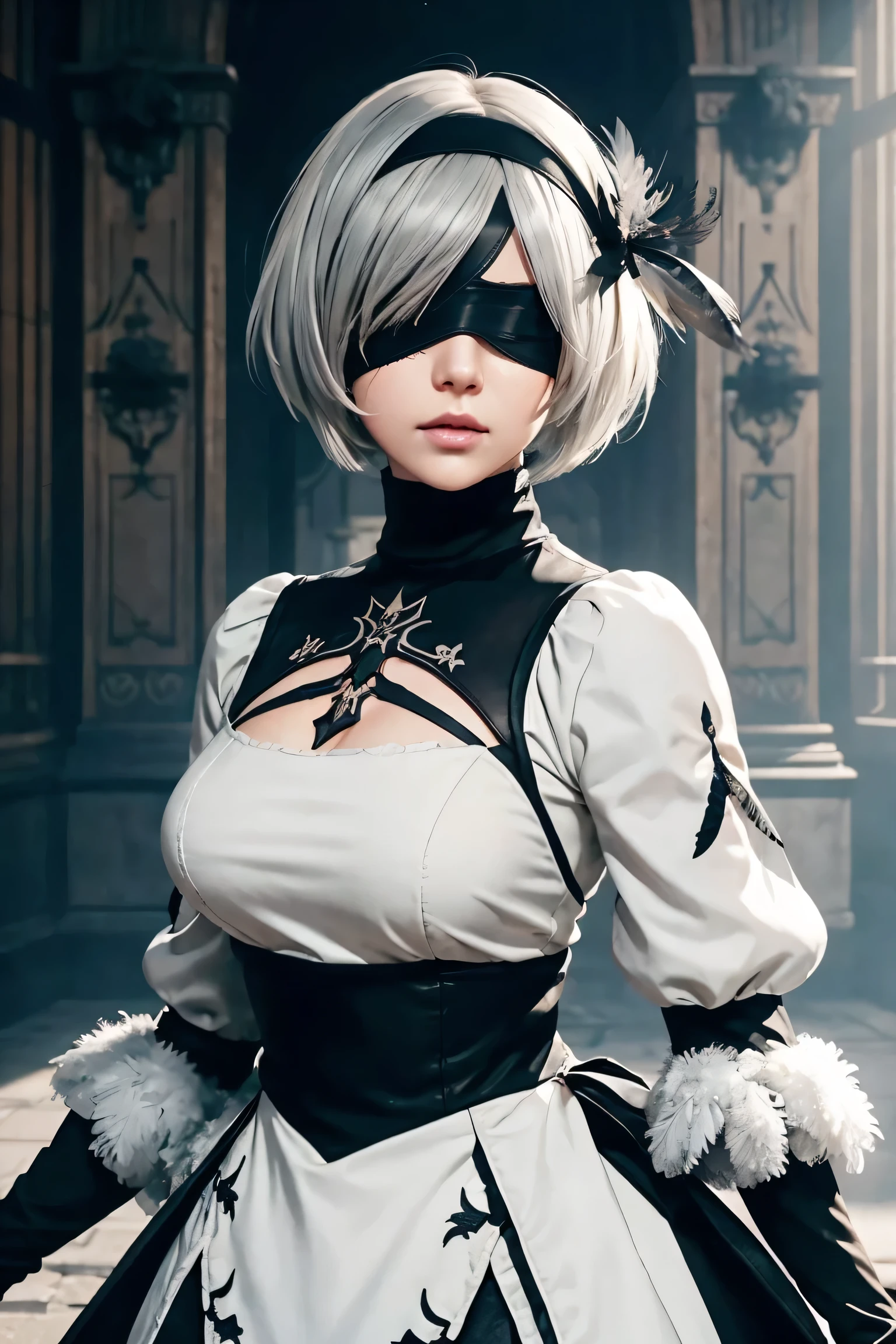 2B Nier Automata,Bobcut, Gray Hair,Long sleeve, Juliet Sleeve, White gloves, turtleneck, bangs, Feather ornament, Feather ornament sleeves, Blindfold, Black Goth Dress,Bird's-eye view,Japanese Ultra HD,super high quality,masterpiece,Digital SLR,Photorealistic,Detailed details,Vivid details,Depicted in detail,A detailed face,Detailed details,Super Detail,Realistic skin texture,Anatomical basis,Perfect Anatomy,Anatomically correct hand,Anatomically correct fingers,Complex 3D rendering,Sexy pose,Rainy Sky,Beautiful scenery,Fantastic rainy sky,Fantasy worldview,Picturesque,Pink Lips,Black butterfly々Fluttering,A ruined world,A devastated battlefield,ruins,