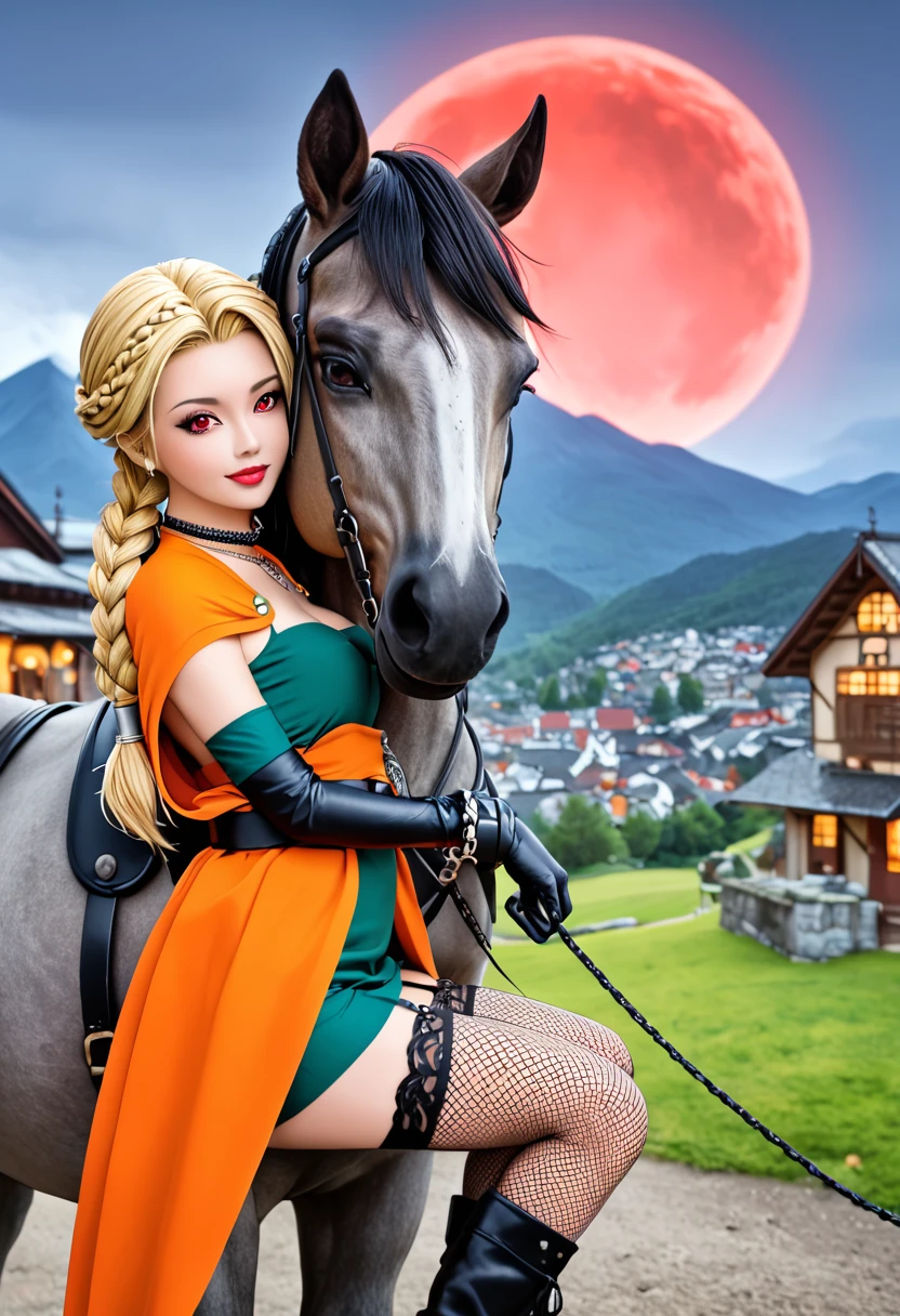 (High quality, masterpieces), One Japanese girl hugging a neck of a gray sturdy horse, Blonde braid hair, Beautiful face, Red eyes, Horseshoe shaped necklace, Orange cape, Shinny green mini dress, Wide belt with buckle, Long boots with high heel, Black long gloves integrated with the shackles, Black leather choker, black net stockings, garter belt, In a village deep in the mountains, midnight with red moon