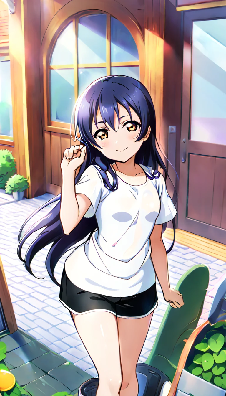 When viewers open the front door to their homes, wearing simple clothes going out in the city in midsummer, the full-body image of Umi Sonoda, iid_umi_sonoda, standing there.