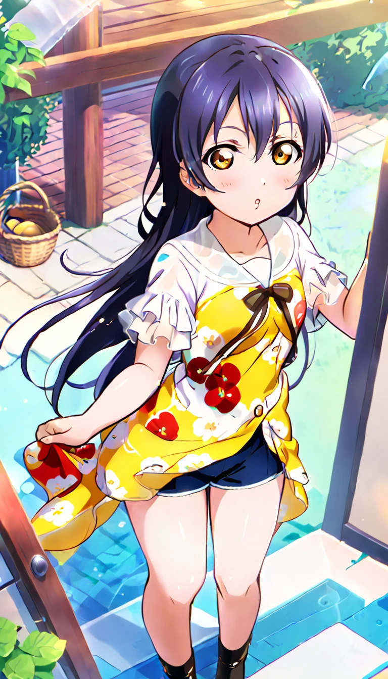 When viewers open the front door to their homes, wearing simple clothes going out in the city in midsummer, the full-body image of Umi Sonoda, iid_umi_sonoda, standing there.