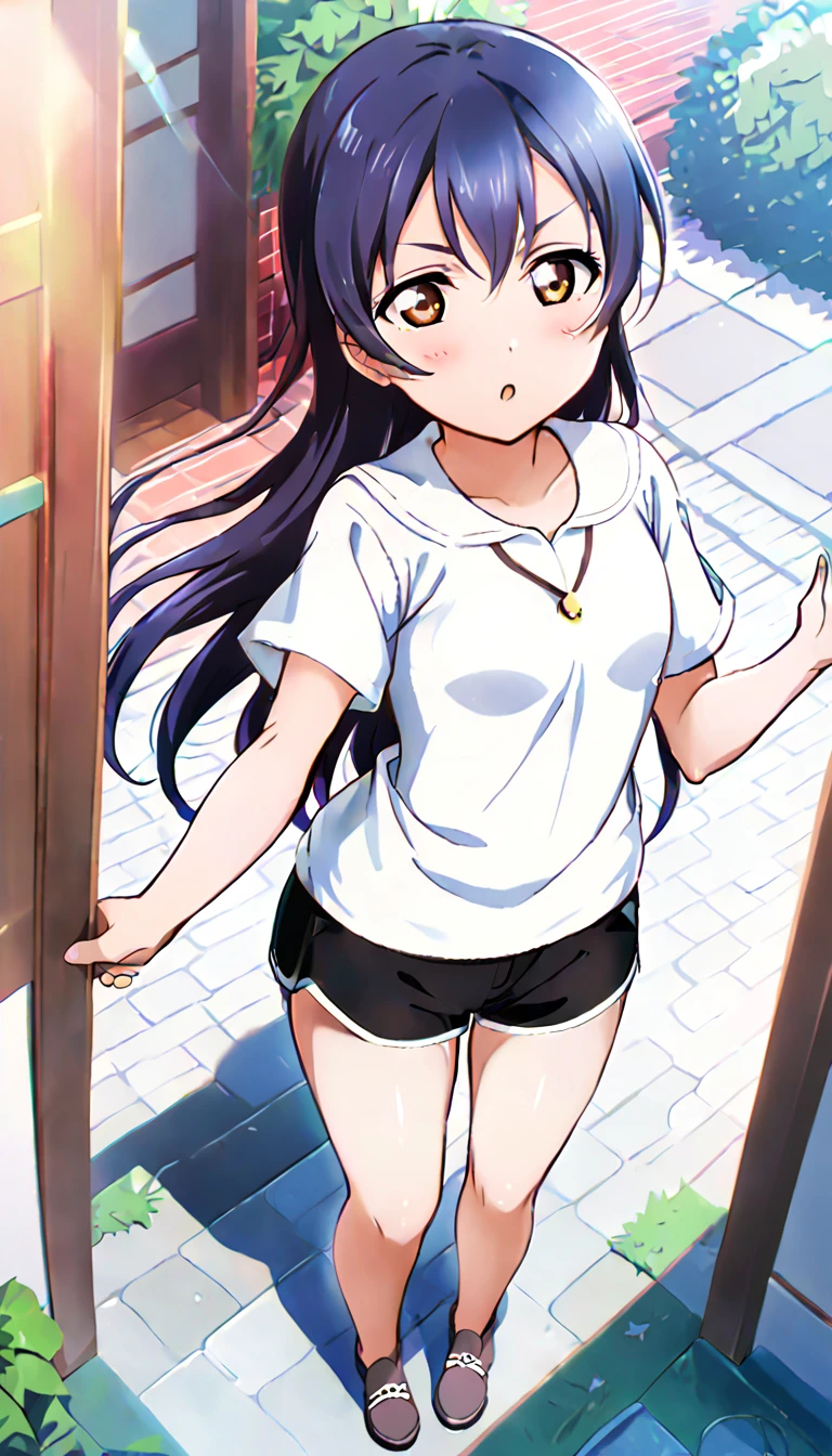 When viewers open the front door to their homes, wearing simple clothes going out in the city in midsummer, the full-body image of Umi Sonoda, iid_umi_sonoda, standing there.