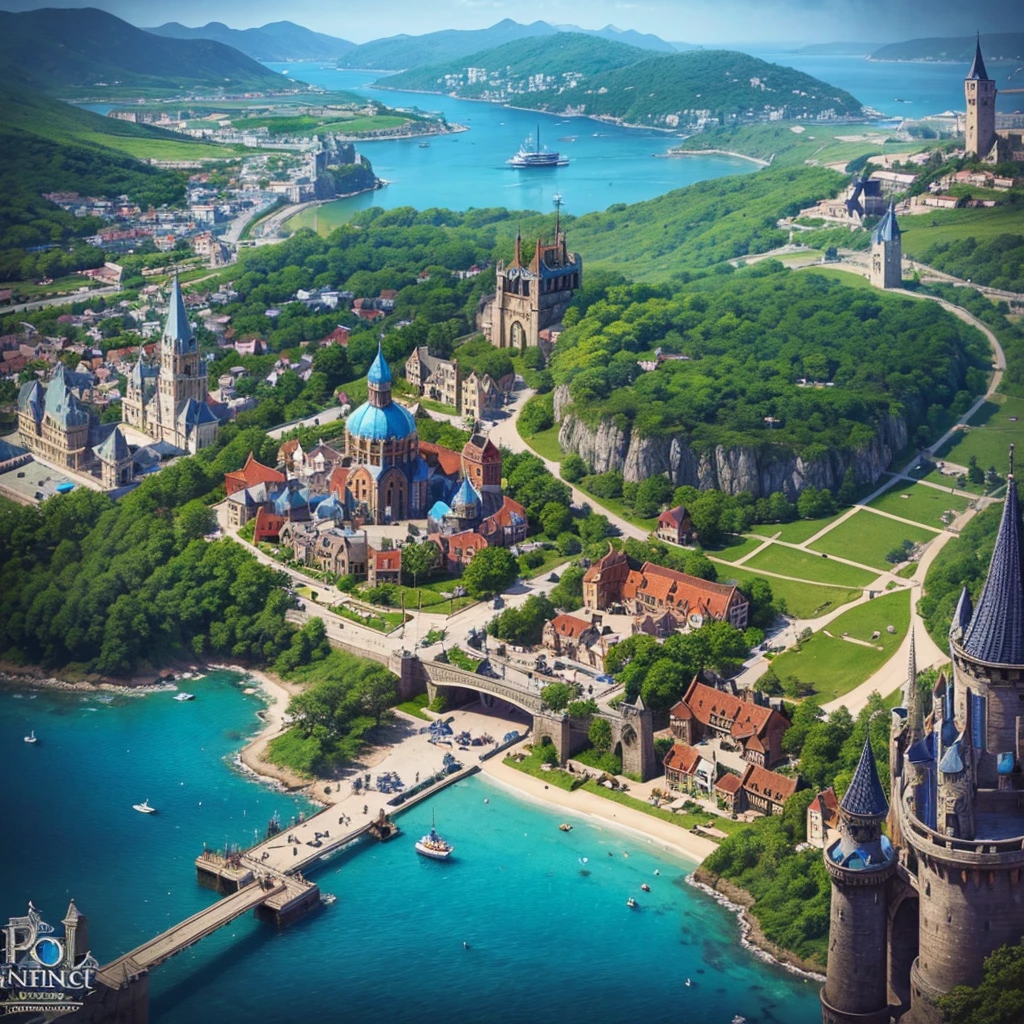 A small magical medieval island city, top-down view, surrounded by walls, houses, various important locations, small wizard's castle, medieval architecture, luminous details, wizard's tower with magical lights, welcoming asylum, vibrant school, robust bank, dark dungeon entrance, lively tavern, military training grounds, bustling market, official mayor's building, discreet brothel, port with docks and boats, blue surrounding water, protective walls, vibrant colors, extreme detail, around 40 people living in the city, D&D map, highly detailed, drawn with extreme detail, alone in the ocean, really small island, rpg drawing, fantasy sketch, various buildings, assymetric, round island, very safe and secure