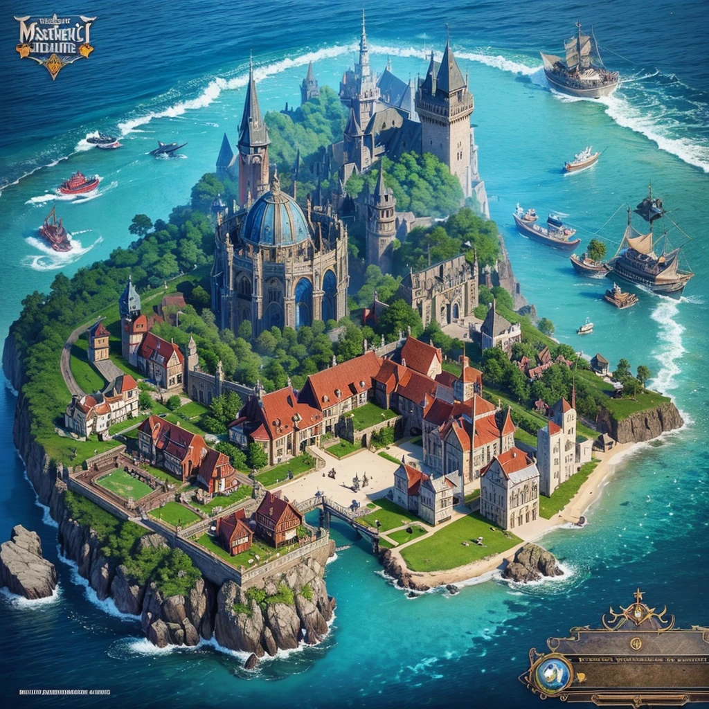 A small magical medieval island city, top-down view, surrounded by walls, houses, various important locations, small wizard's castle, medieval architecture, luminous details, wizard's tower with magical lights, welcoming asylum, vibrant school, robust bank, dark dungeon entrance, lively tavern, military training grounds, bustling market, official mayor's building, discreet brothel, port with docks and boats, blue surrounding water, protective walls, vibrant colors, extreme detail, around 40 people living in the city, D&D map, highly detailed, drawn with extreme detail, alone in the ocean, really small island, rpg drawing, fantasy sketch, various buildings, assymetric, round island, very safe and secure