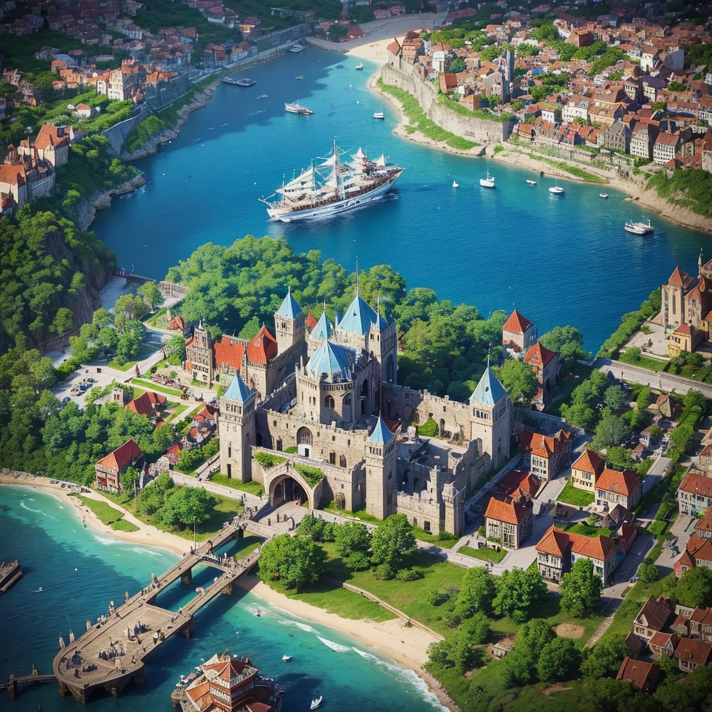 A small magical medieval island city, top-down view, surrounded by walls, houses, various important locations, small wizard's castle, medieval architecture, luminous details, wizard's tower with magical lights, welcoming asylum, vibrant school, robust bank, dark dungeon entrance, lively tavern, military training grounds, bustling market, official mayor's building, discreet brothel, port with docks and boats, blue surrounding water, protective walls, vibrant colors, extreme detail, around 40 people living in the city, D&D map, highly detailed, drawn with extreme detail, alone in the ocean, really small island, rpg drawing, fantasy sketch, various buildings, assymetric, round island, very safe and secure