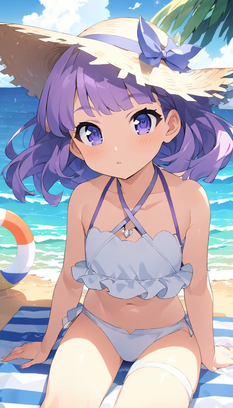 An anime girl with purple hair and a white top is sitting on the beach, Enchanting anime girl, Azur Lane Style, Smooth anime CG art, , At the Beach, Anime Moe Art Style, From the Azur Lane video game, Gwaiz, At the Beach, Detailed digital anime art, Trending on cgstation, 太陽が輝くAt the Beach, At the Beach
