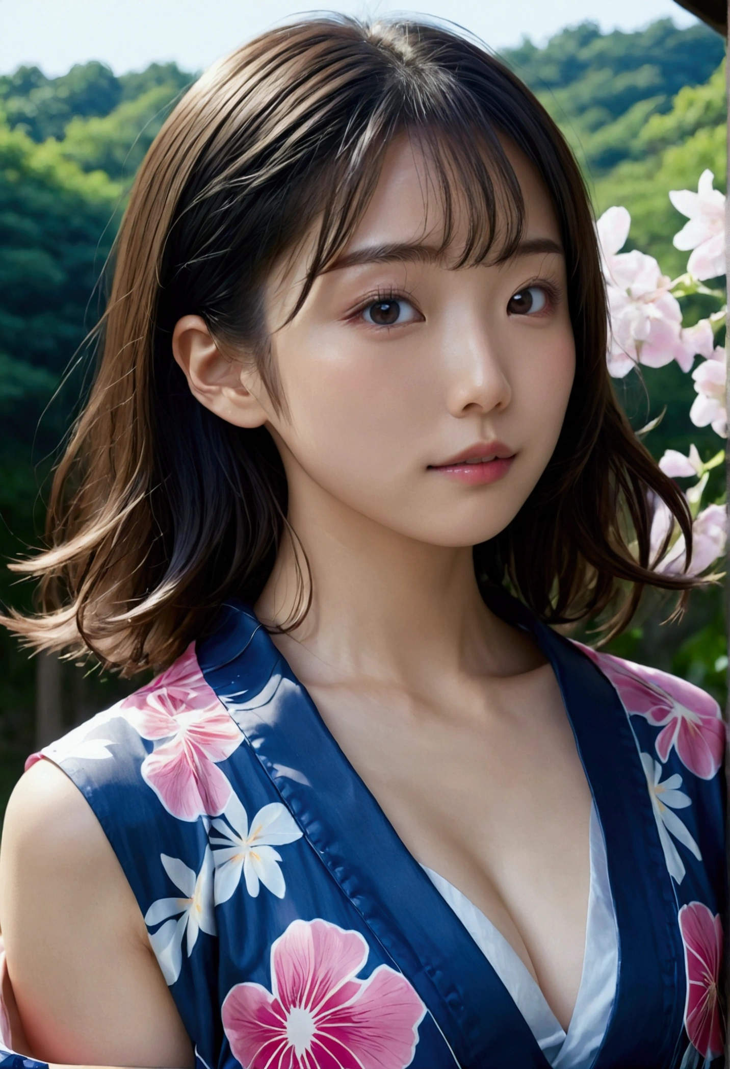 (masterpiece、high resolution、high quality)、Beautiful Japanese Women:1.3,Model Body Type、Beautiful body、Japanese Yukata、Soaring、night、Laughter、Clear Eyes、(((Flat Chest)))、Beautiful Skin、Yukata Beauty、Morning glory pattern yukata、Cool Summer、Professional Photography、