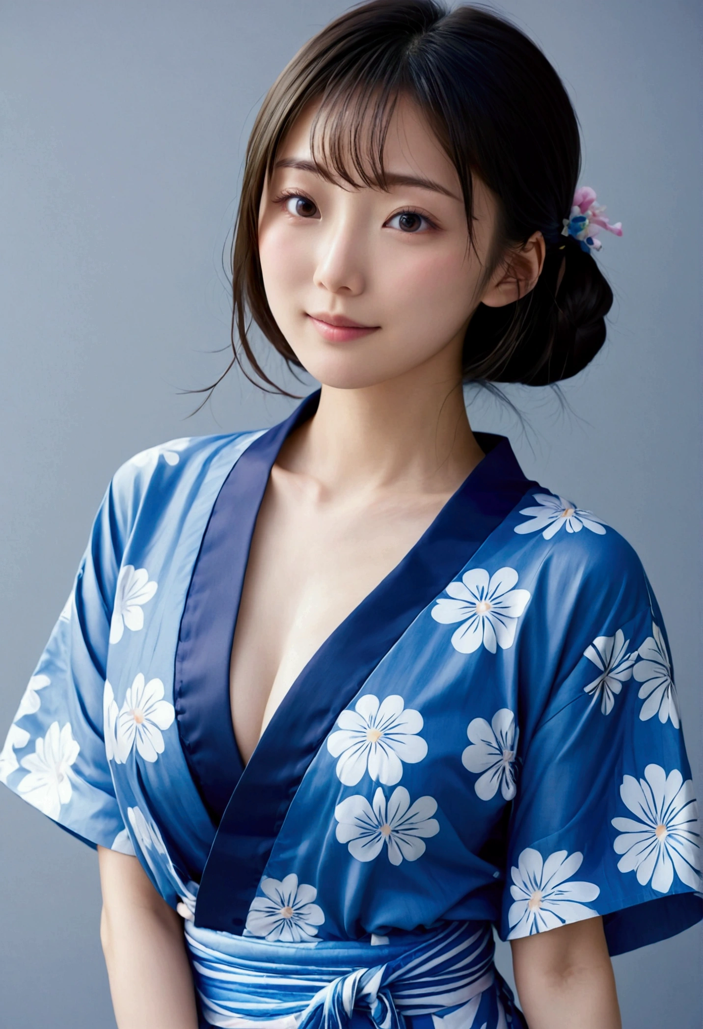 (masterpiece、high resolution、high quality)、Beautiful Japanese Women:1.3,Model Body Type、Beautiful body、Japanese Yukata、Soaring、night、Laughter、Clear Eyes、(((Flat Chest)))、Beautiful Skin、Yukata Beauty、Morning glory pattern yukata、Cool Summer、Professional Photography、