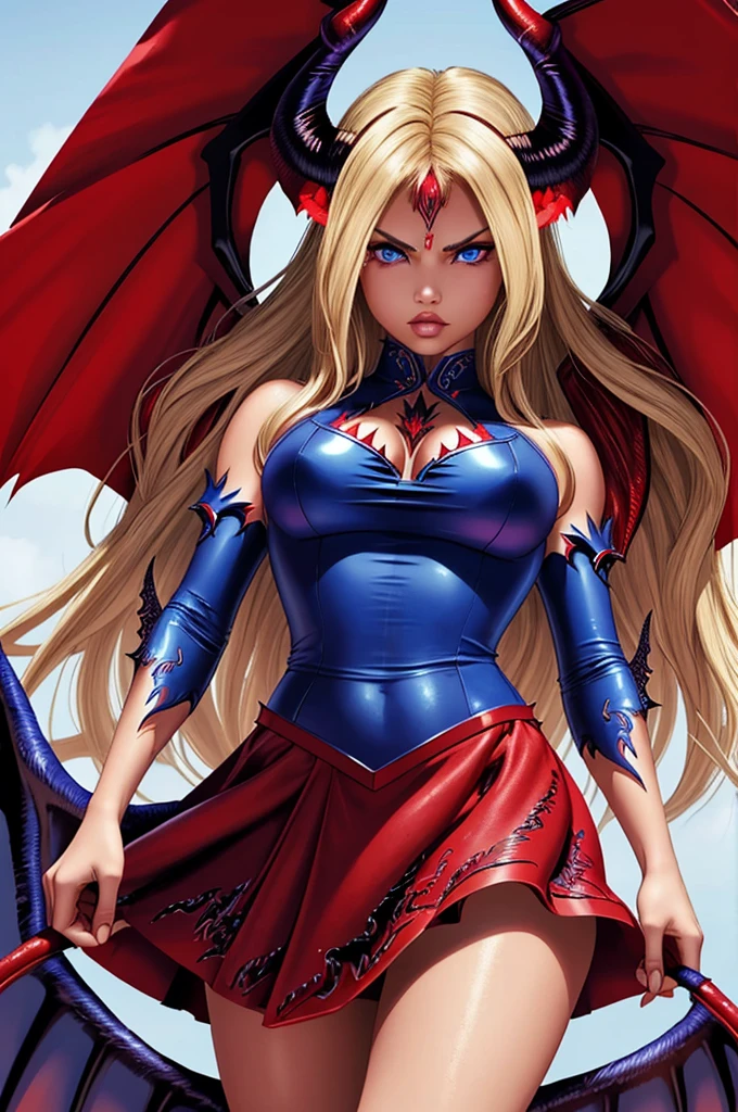  Adriana Lima, ultra detailed face, ultra detailed blue eyes, long blonde hair, horns, (red dress, skirt), (((masterpiece, large demon wings:1.3)))