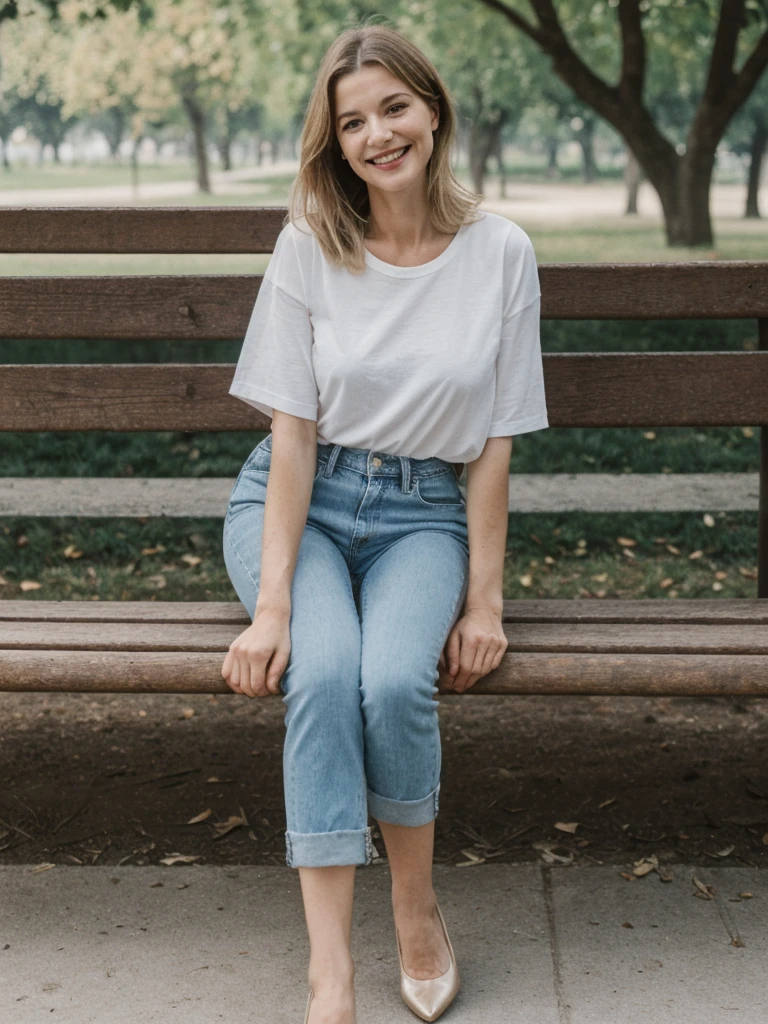 Chloe Laurent, 1girl, solo, realistic, (((consistent face and image))), ((Caucasian mature)), ((French woman)), ((French nose)), ((French lips)), ((French body and skin)), ((upper body and upper legs)), A model wearing blue jeans and a simple t-shirt sitting on a park bench, smiling