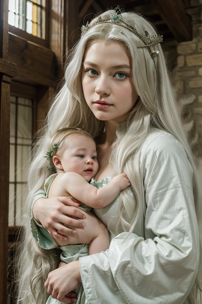 create a  medieval queen, similar to young Alicent Hightower (house of the dragon, Series)
holding a baby with sght platinum hair, clear green eyes, white skin almost albino and fat