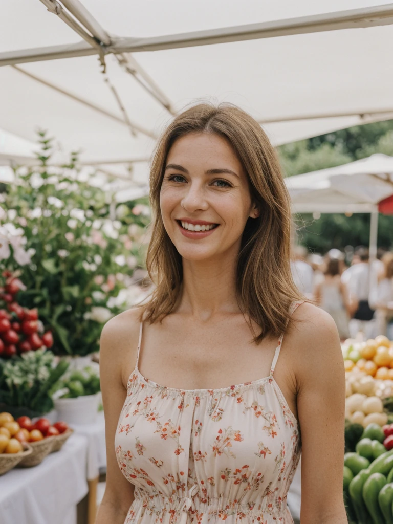 Chloe Laurent, 1girl, solo, realistic, (((consistent face and image))), ((Caucasian mature)), ((French woman)), ((French nose)), ((French lips)), ((French body and skin)), ((upper body and upper legs)), A model in a printed sundress walking through an outdoor market, smiling