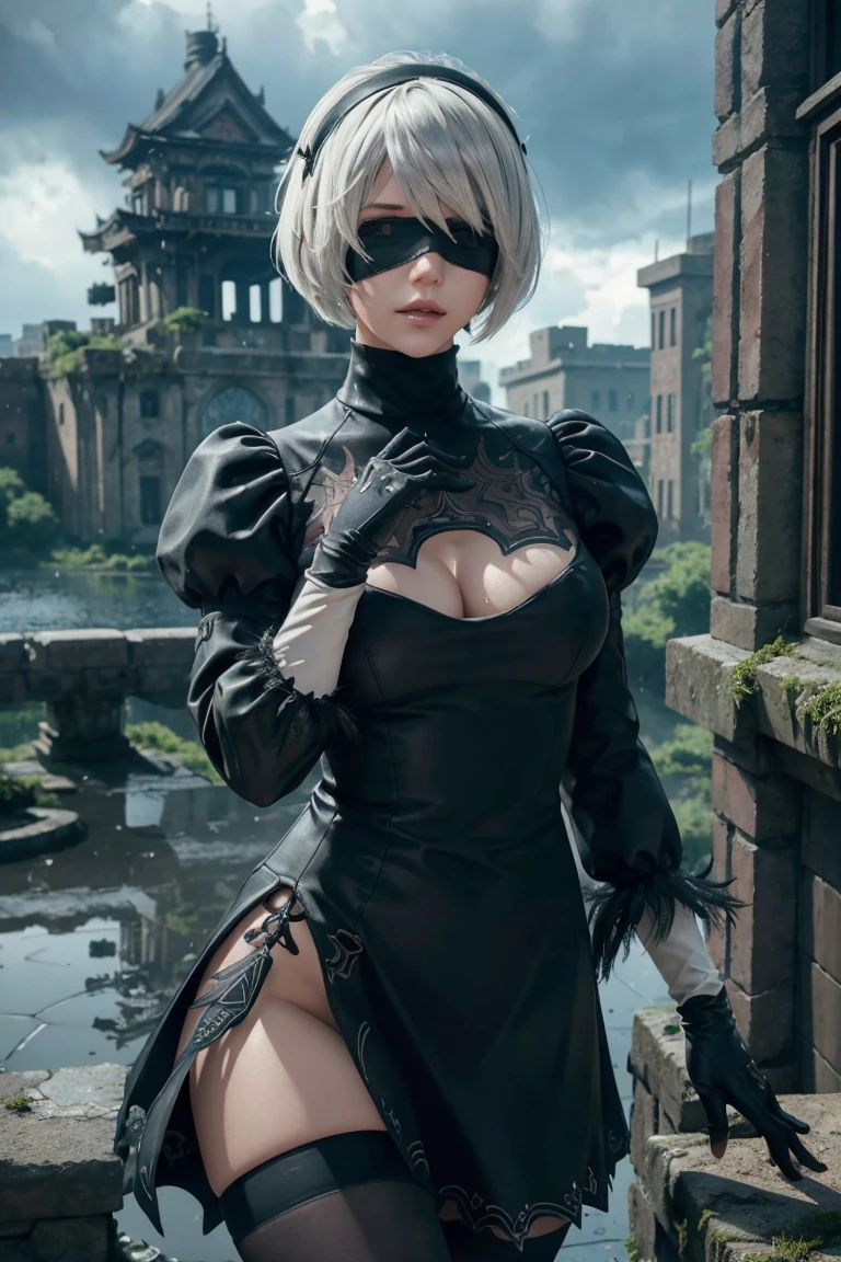 2B Nier Automata,Bobcut, Gray Hair,Long sleeve, Juliet Sleeve, White gloves, turtleneck, bangs, Feather ornament, Feather ornament sleeves, Blindfold, Black Goth Dress,Photograph the whole body,Japanese Ultra HD,super high quality,masterpiece,Digital SLR,Photorealistic,Detailed details,Vivid details,Depicted in detail,A detailed face,Detailed details,Super Detail,Realistic skin texture,Anatomical basis,Perfect Anatomy,Anatomically correct hand,Anatomically correct fingers,Complex 3D rendering,Sexy pose,Rainy Sky,Beautiful scenery,Fantastic rainy sky,Fantasy worldview,Picturesque,Pink Lips,Black butterfly々Fluttering,A ruined world,A devastated battlefield,ruins,