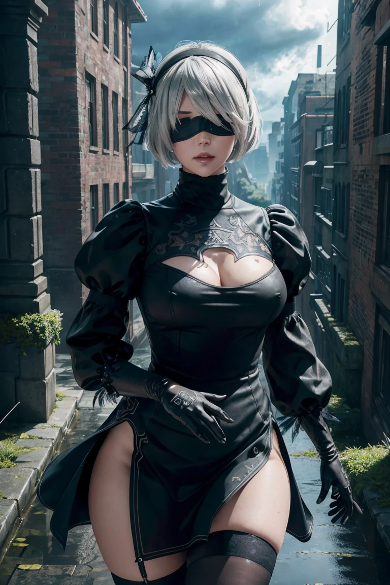 2B Nier Automata,Bobcut, Gray Hair,Long sleeve, Juliet Sleeve, White gloves, turtleneck, bangs, Feather ornament, Feather ornament sleeves, Blindfold, Black Goth Dress,Photograph the whole body,Japanese Ultra HD,super high quality,masterpiece,Digital SLR,Photorealistic,Detailed details,Vivid details,Depicted in detail,A detailed face,Detailed details,Super Detail,Realistic skin texture,Anatomical basis,Perfect Anatomy,Anatomically correct hand,Anatomically correct fingers,Complex 3D rendering,Sexy pose,Rainy Sky,Beautiful scenery,Fantastic rainy sky,Fantasy worldview,Picturesque,Pink Lips,Black butterfly々Fluttering,A ruined world,A devastated battlefield,ruins,