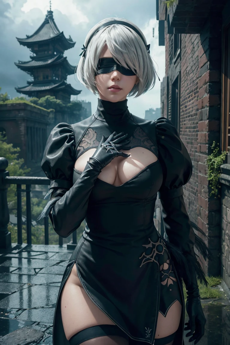 2B Nier Automata,Bobcut, Gray Hair,Long sleeve, Juliet Sleeve, White gloves, turtleneck, bangs, Feather ornament, Feather ornament sleeves, Blindfold, Black Goth Dress,Photograph the whole body,Japanese Ultra HD,super high quality,masterpiece,Digital SLR,Photorealistic,Detailed details,Vivid details,Depicted in detail,A detailed face,Detailed details,Super Detail,Realistic skin texture,Anatomical basis,Perfect Anatomy,Anatomically correct hand,Anatomically correct fingers,Complex 3D rendering,Sexy pose,Rainy Sky,Beautiful scenery,Fantastic rainy sky,Fantasy worldview,Picturesque,Pink Lips,Black butterfly々Fluttering,A ruined world,A devastated battlefield,ruins,