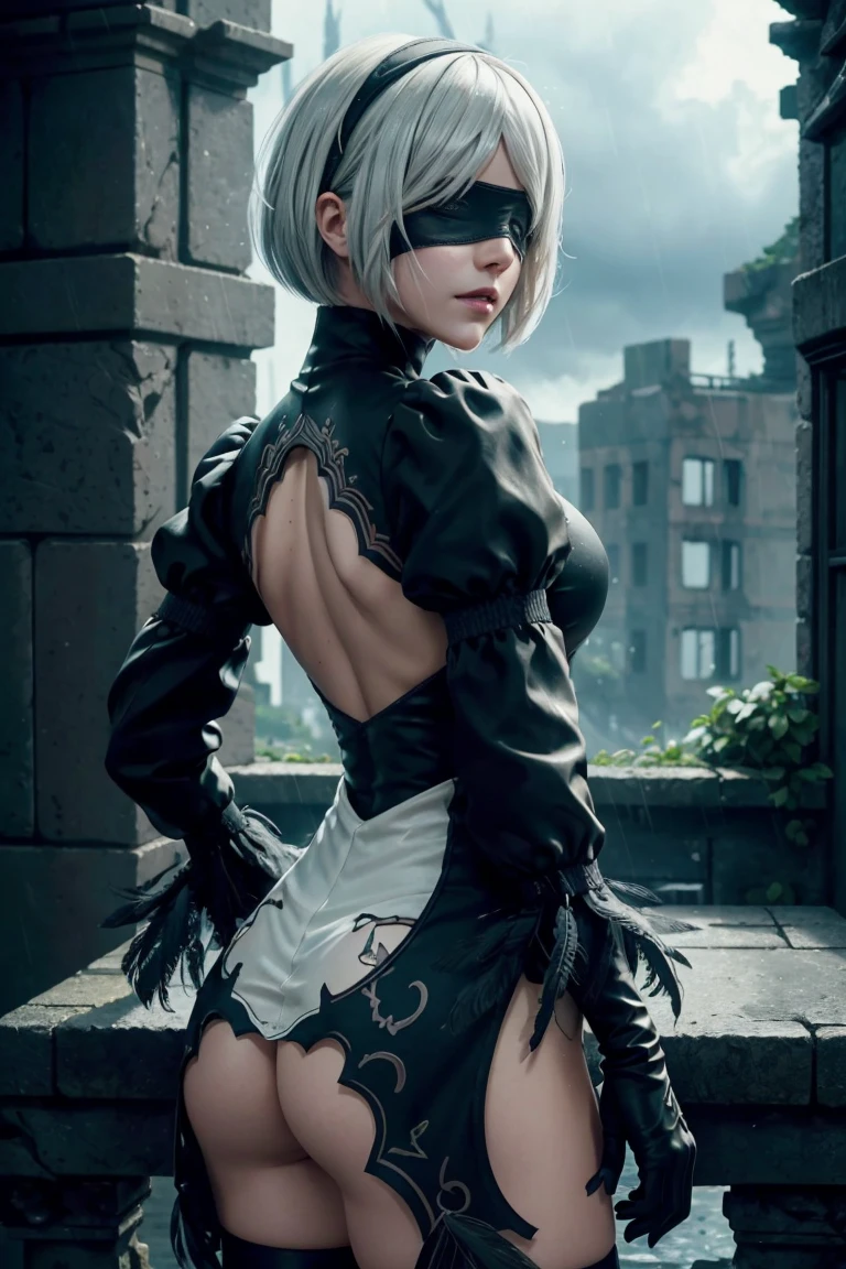 2B Nier Automata,Bobcut, Gray Hair,Long sleeve, Juliet Sleeve, White gloves, turtleneck, bangs, Feather ornament, Feather ornament sleeves, Blindfold, Black Goth Dress,Beautiful back view,Japanese Ultra HD,super high quality,masterpiece,Digital SLR,Photorealistic,Detailed details,Vivid details,Depicted in detail,A detailed face,Detailed details,Super Detail,Realistic skin texture,Anatomical basis,Perfect Anatomy,Anatomically correct hand,Anatomically correct fingers,Complex 3D rendering,Sexy pose,Rainy Sky,Beautiful scenery,Fantastic rainy sky,Fantasy worldview,Picturesque,Pink Lips,Black butterfly々Fluttering,A ruined world,A devastated battlefield,ruins,