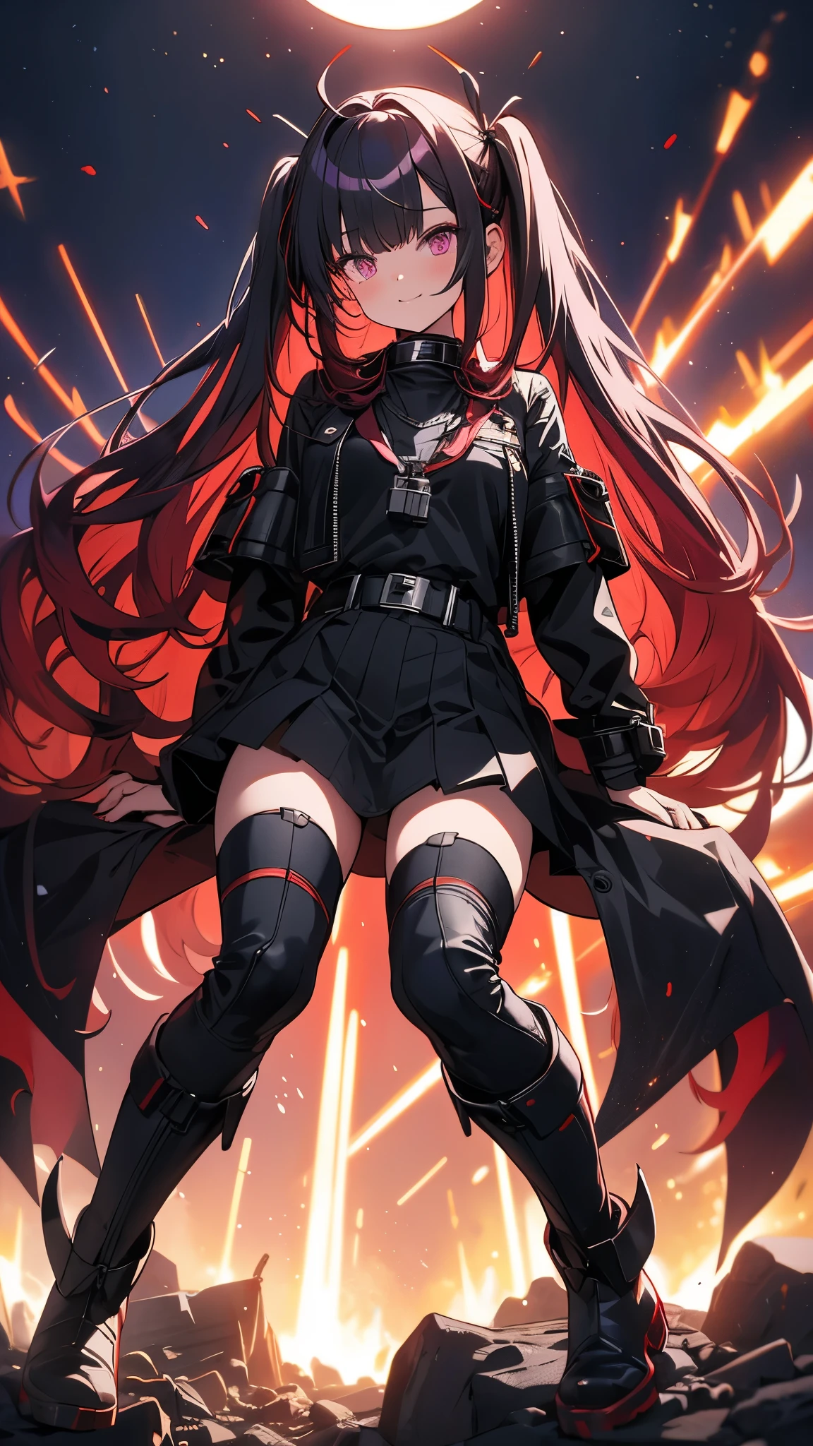 long-haired girl with pigtails, vermilion hair, perfect body, metallic mouth cover, metallic robot arms, red-purple eyes, military jacket, beautiful thick thighs, purple-red and black clothing, military boots, many belts, holding a futuristic laser cannon, has war scars, kneeling pose aiming a rifle, full body focus, high definition details, dynamic lighting, rtx, military base background.