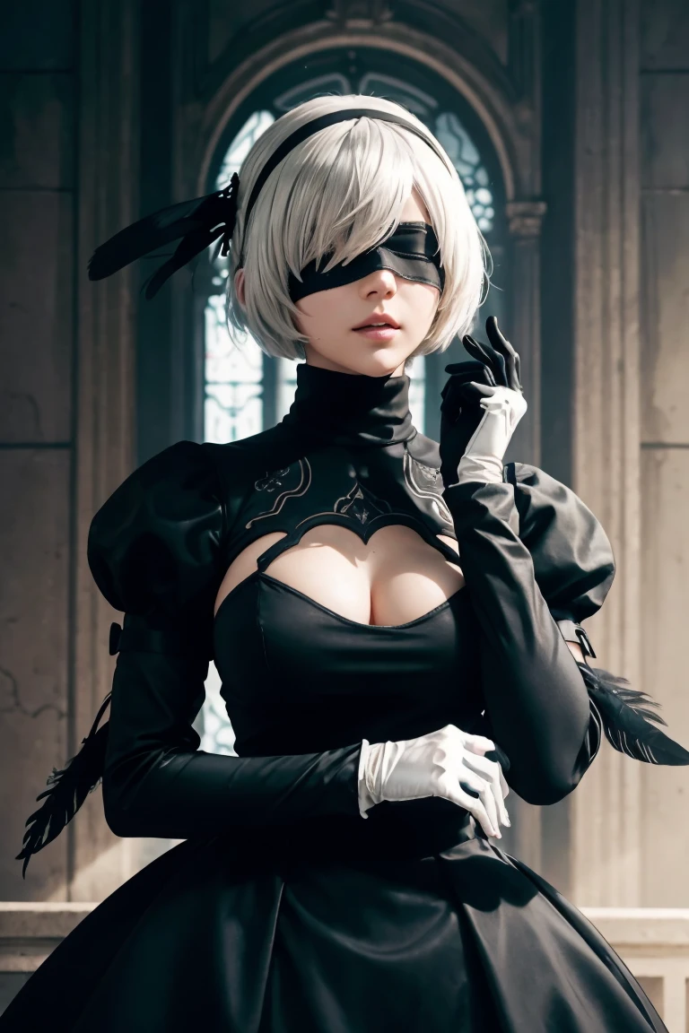 2B Nier Automata,Bobcut, Gray Hair,Long sleeve, Juliet Sleeve, White gloves, turtleneck, bangs, Feather ornament, Feather ornament sleeves, Blindfold, Black Goth Dress,Bird's-eye view,Japanese Ultra HD,super high quality,masterpiece,Digital SLR,Photorealistic,Detailed details,Vivid details,Depicted in detail,A detailed face,Detailed details,Super Detail,Realistic skin texture,Anatomical basis,Perfect Anatomy,Anatomically correct hand,Anatomically correct fingers,Complex 3D rendering,Sexy pose,Rainy Sky,Beautiful scenery,Fantastic rainy sky,Fantasy worldview,Picturesque,Pink Lips,Black butterfly々Fluttering,A ruined world,A devastated battlefield,ruins,