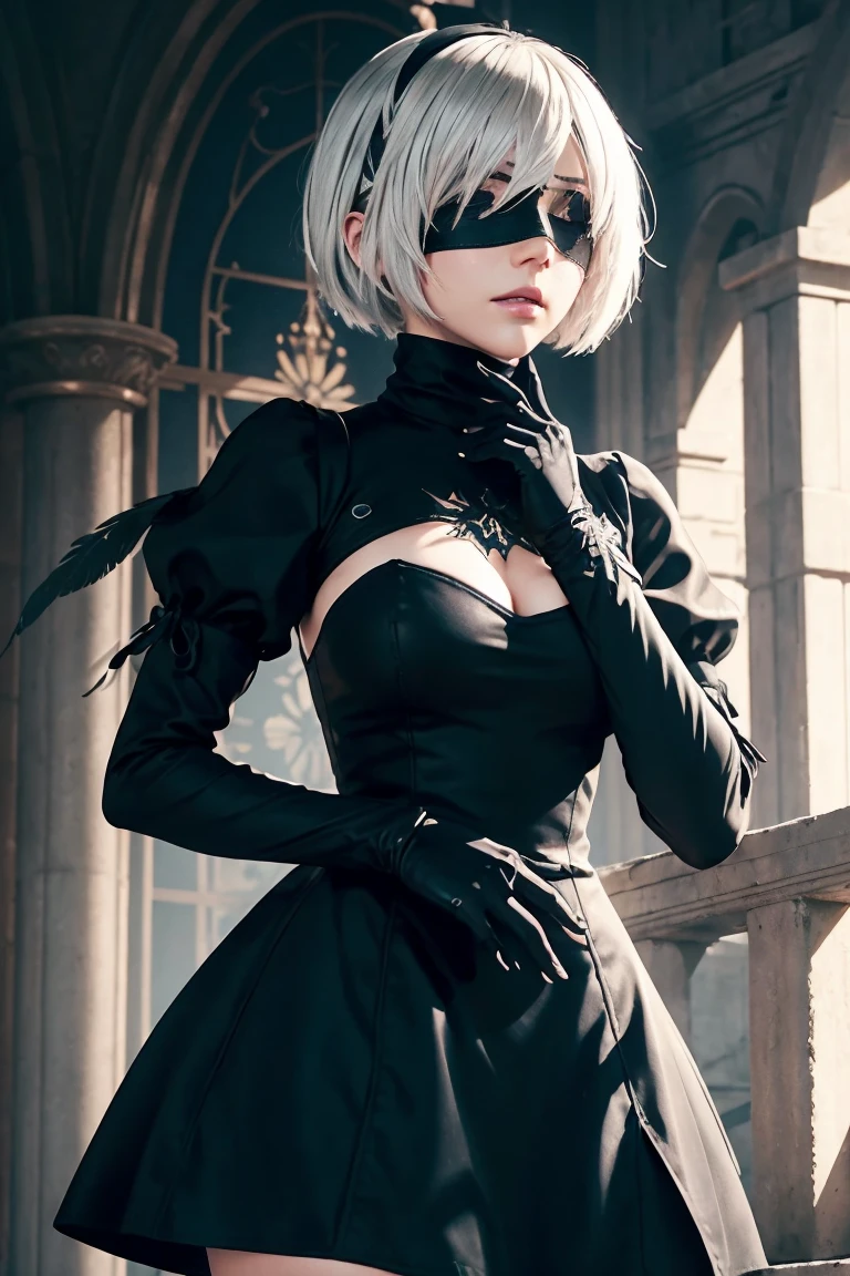 2B Nier Automata,Bobcut, Gray Hair,Long sleeve, Juliet Sleeve, White gloves, turtleneck, bangs, Feather ornament, Feather ornament sleeves, Blindfold, Black Goth Dress,Bird&#39;s-eye view,Japanese Ultra HD,super high quality,masterpiece,Digital SLR,Photorealistic,Detailed details,Vivid details,Depicted in detail,A detailed face,Detailed details,Super Detail,Realistic skin texture,Anatomical basis,Perfect Anatomy,Anatomically correct hand,Anatomically correct fingers,Complex 3D rendering,Sexy pose,Rainy Sky,Beautiful scenery,Fantastic rainy sky,Fantasy worldview,Picturesque,Pink Lips,Black butterfly々Fluttering,A ruined world,A devastated battlefield,ruins,