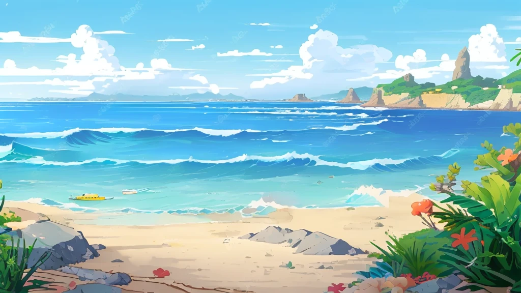 Cartoon tropical beach with rocks and flowers, Seaside background, Beach Background, Beach scenery, Breeze Background, Beach sunny day, wild Ocean background, anime background technology, Sea background, Detailed scenery —width 672, Ocean background, Anime Background, mediterranean Beach Background, long Beach Background, seaside, calm sea and Beach Background, Landscape Artwork, background technology