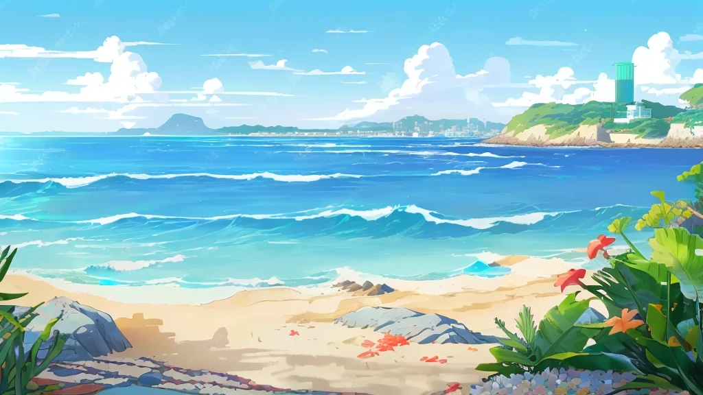 Cartoon tropical beach with rocks and flowers, Seaside background, Beach Background, Beach scenery, Breeze Background, Beach sunny day, wild Ocean background, anime background technology, Sea background, Detailed scenery —width 672, Ocean background, Anime Background, mediterranean Beach Background, long Beach Background, seaside, calm sea and Beach Background, Landscape Artwork, background technology