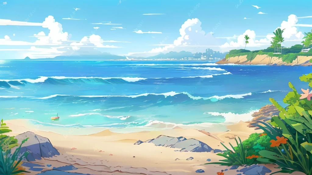 Cartoon tropical beach with rocks and flowers, Seaside background, Beach Background, Beach scenery, Breeze Background, Beach sunny day, wild Ocean background, anime background technology, Sea background, Detailed scenery —width 672, Ocean background, Anime Background, mediterranean Beach Background, long Beach Background, seaside, calm sea and Beach Background, Landscape Artwork, background technology