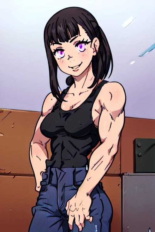 (masterpiece, best quality:1.2), solo, 1girl, valmet, muscular, smile, looking at viewer, hand on hip, purple eyes, black tank top, jeans 