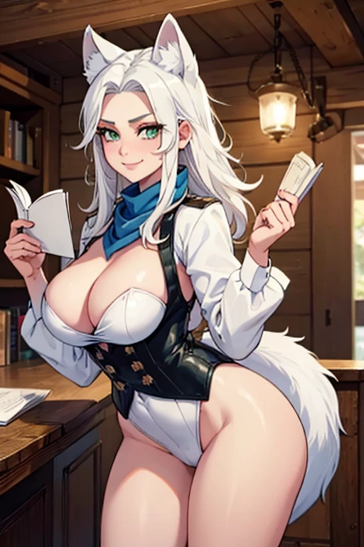 Perfect face, perfect hands. A white haired female cowgirl with green eyes with an hourglass figure with white wolf ears and a white wolf tail in a conservative cowgirl outfit is reading paperwork in the sheriff's office with a big smile