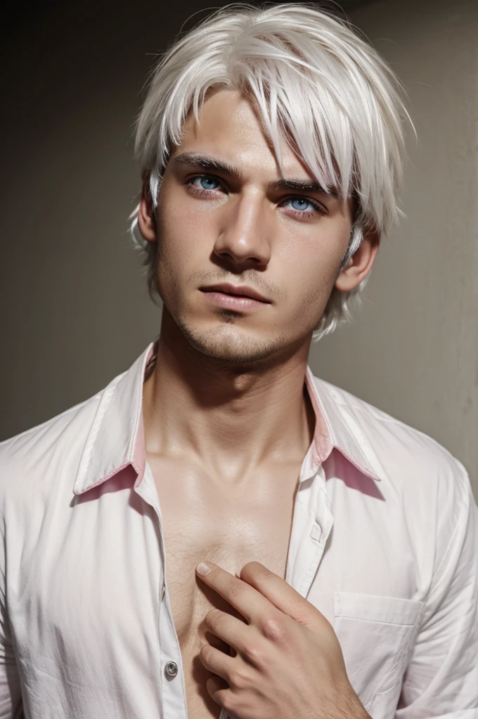 Boy with messy white hair, White skin, pink eyes and an eyepatch on the right eye