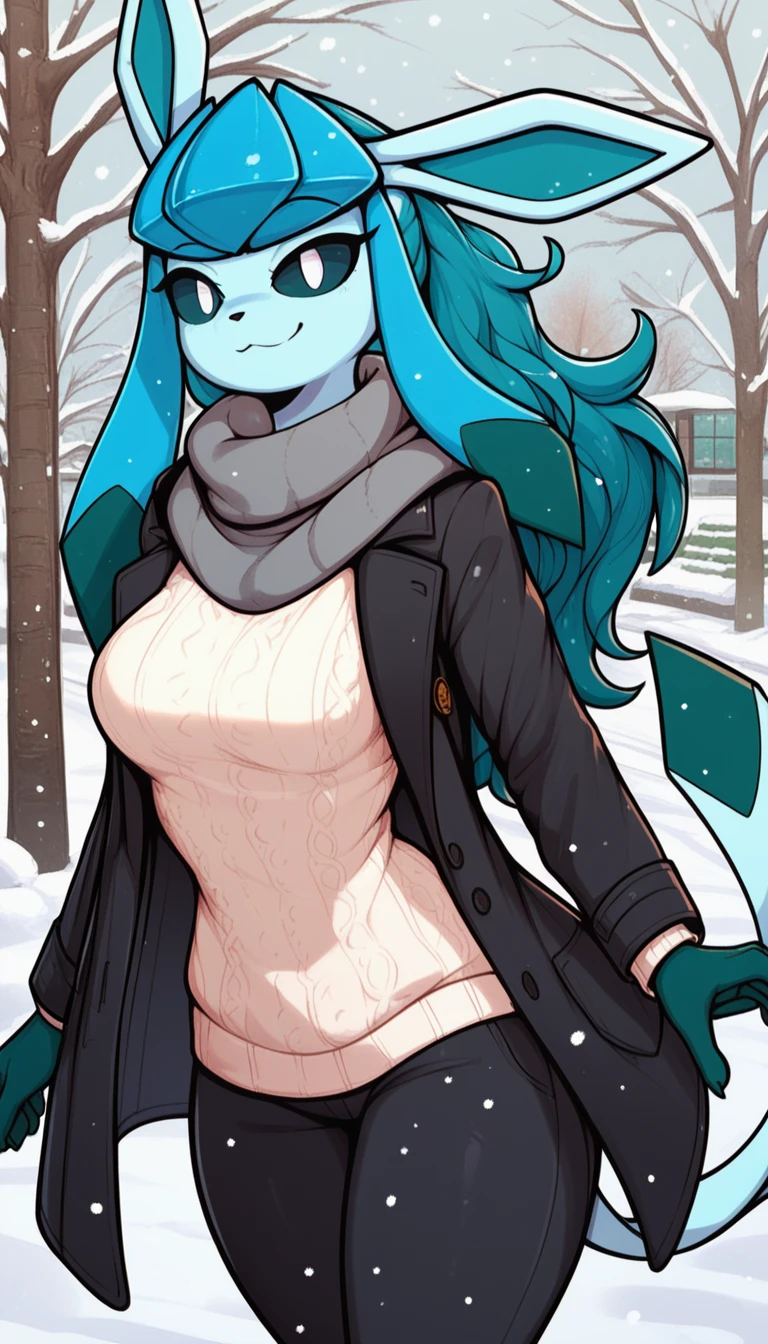 Excited expression, 1girl, anthro, furry, fur, fluffy fur, glaceon girl, blue hair (cyan highlights), black sclera, white eyes, long hair, Messy hair, (19 years), medium breast, thicc thighs, solo, snow, park, snowing, detailed, smug smile, black coat, white sweater, black pants, gray scarf, score_9, score_8_up, score_7_up, score_6_up, score_5_up, score_4_up