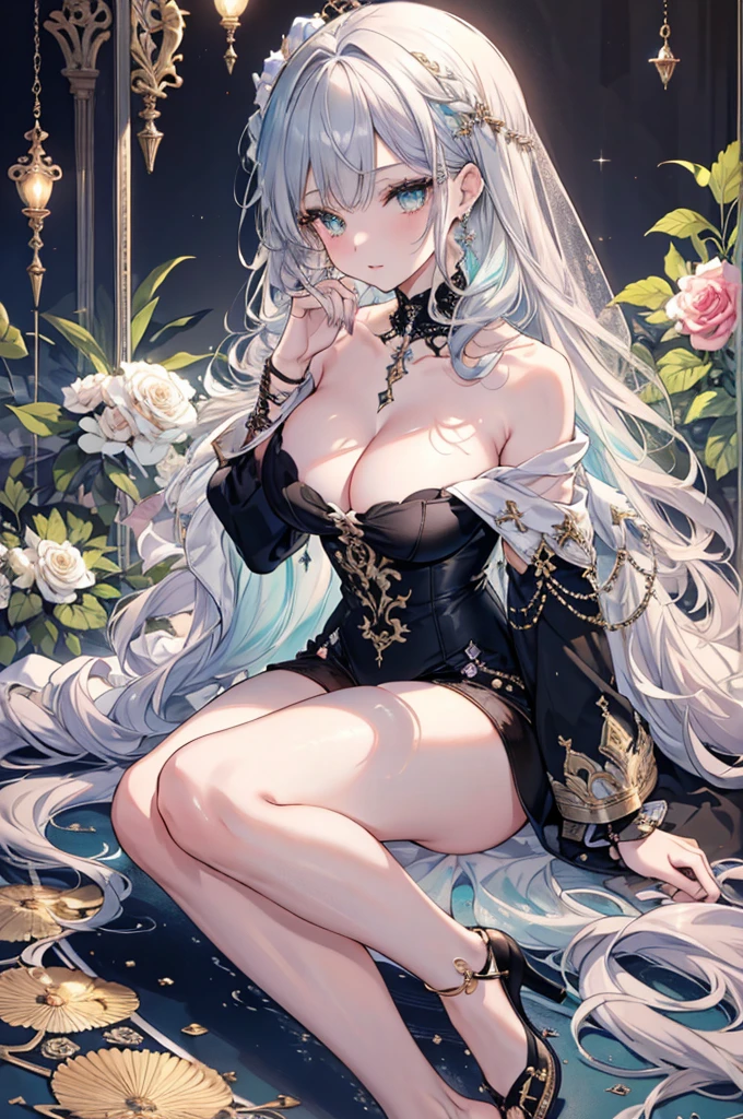 High resolution RAW color art, animation,Sculpture, Silver Marble Skin, (((Highly detailed elegant))), Magical atmosphere, Detailed skin, texture,(Exquisitely crafted, The finer details, Ultra-detailed art), Depth of written boundary, Silky Touch, Hyper Detail, White Background, Beautiful Eyes, Elegant face, Sunset sky,, Ivory Rose, eye shadow、(Highest quality:1.2, High detail, masterpiece:1.2, Best aesthetics), (1 Girl), Beautiful woman, Beautiful attention to detail, Beautiful lip detail, Highly detailed face, Delicate depiction of hair and eyes, Detailed Fashion, Aqua Eye, Earrings, Big Breasts,Full body depiction, ,Focus on the user, Bare legs, Black nails, Black off-the-shoulder, Black shorts, Gray Hair, Gold bracelet, Long Hair, Light blue inner hair、Hair、Blushing and looking up