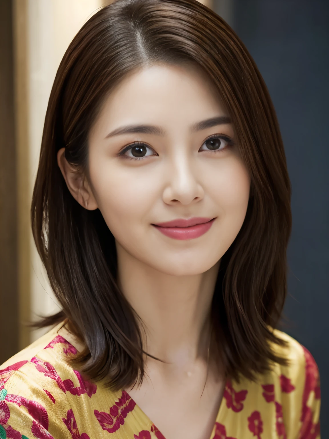 (Raw Photo), (Photorealsitic), (Masterpiece), (Best Quality), High Resolution, 8K, (Intricate Details), (Voluminous Light), Portrait, Female, (50 Years Old), Medium Hair, Layered hair, brown hair, very fine eyes, source order, very fine eyebrows, very fine skin, very fine mouth, very fine nose, like an idol, happy smile, (thick lips), (looking at the viewer), (elegant vivid colorful Translucent shot dress), (waist shot), (Random body orientation),