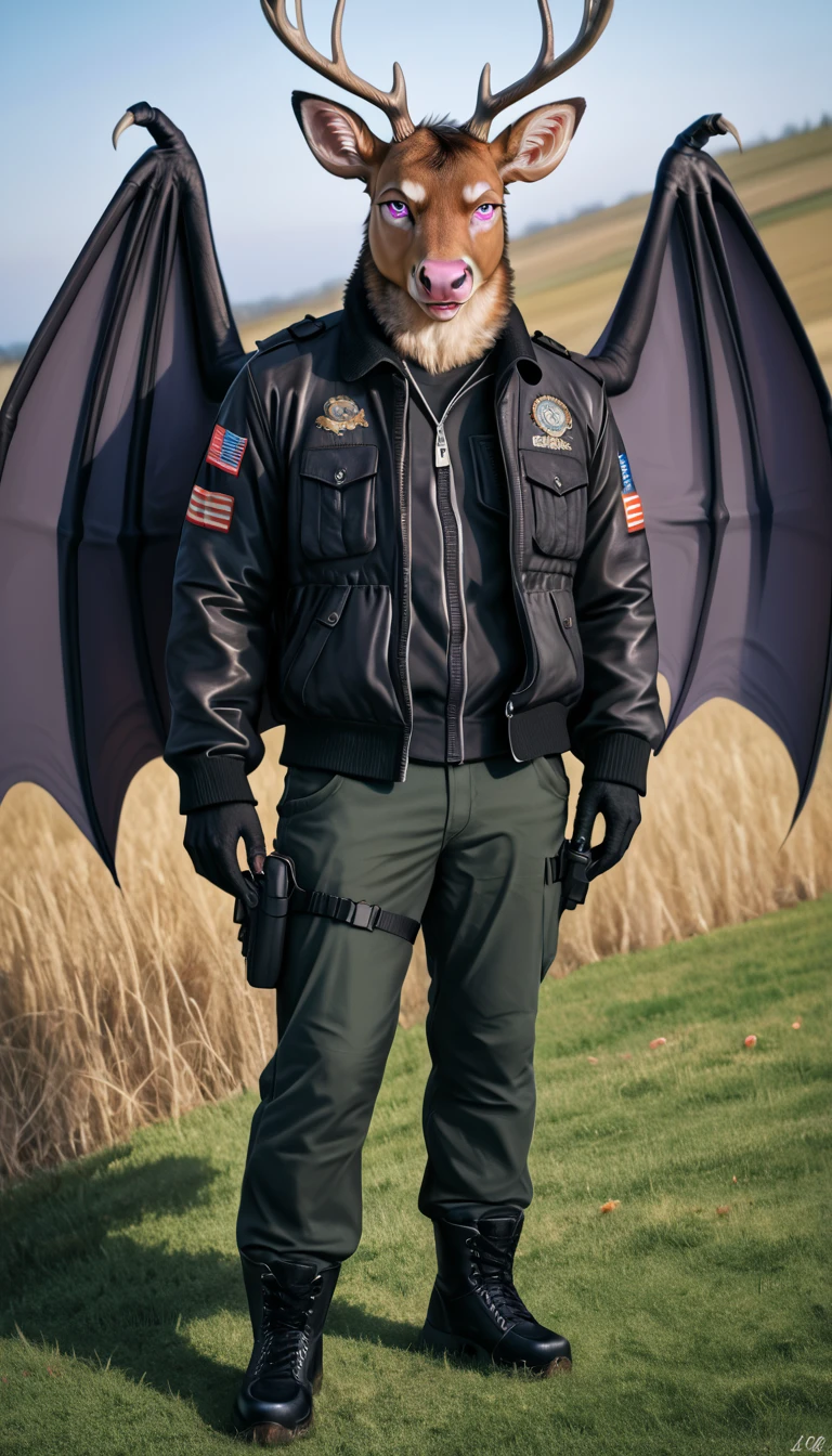 Furry, Male Anthro Bat, black fur, pink eyes, pink nose, 4k, ultra high quality, detailed face, detailed body, detailed picture, realistic, detailed fur, wings, deer antlers, stand, smile, (((Species; Bat))), Field Jacket, tactical boots, tactical pants