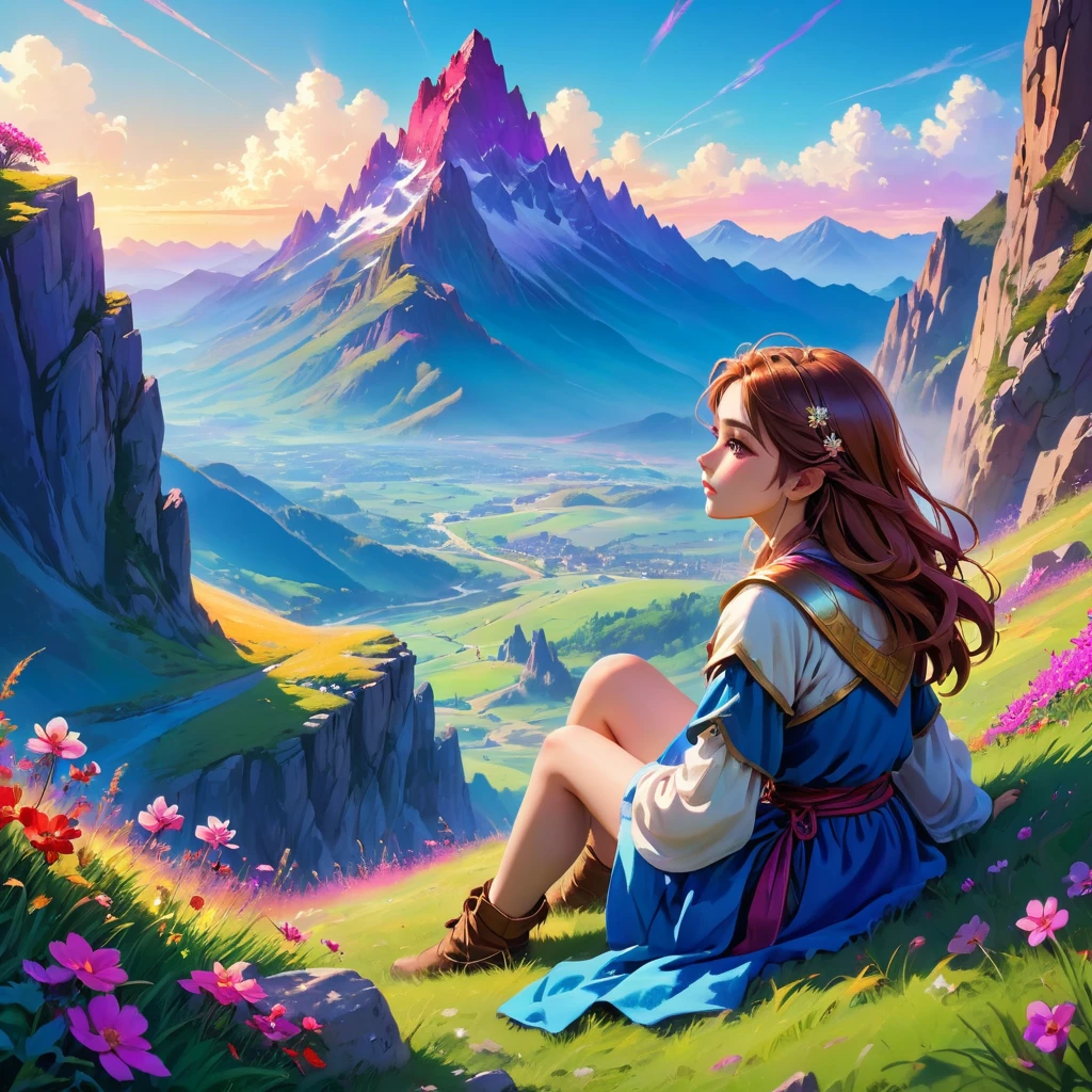 anime-style illustration, The image shows a young woman sitting on the grass watching overlooks the vast expanse of clear blue sky and mountain, flower colorful color blue red green purple yellow, fantasy world medieval, rocks, The scene is depicted in a highly saturated and vibrant style, Vibrant colors include deep purples, electric blues, neon pinks, and shimmering golds. The lighting is ethereal, intense and rich COLORS VIVID, strong exaggerated colors, glowing everywhere, dramatic lighting, epic, majestic, awe-inspiring, mystical, ethereal, The sky above is clear blue sky, The atmosphere is full of magical color films, High Detail.