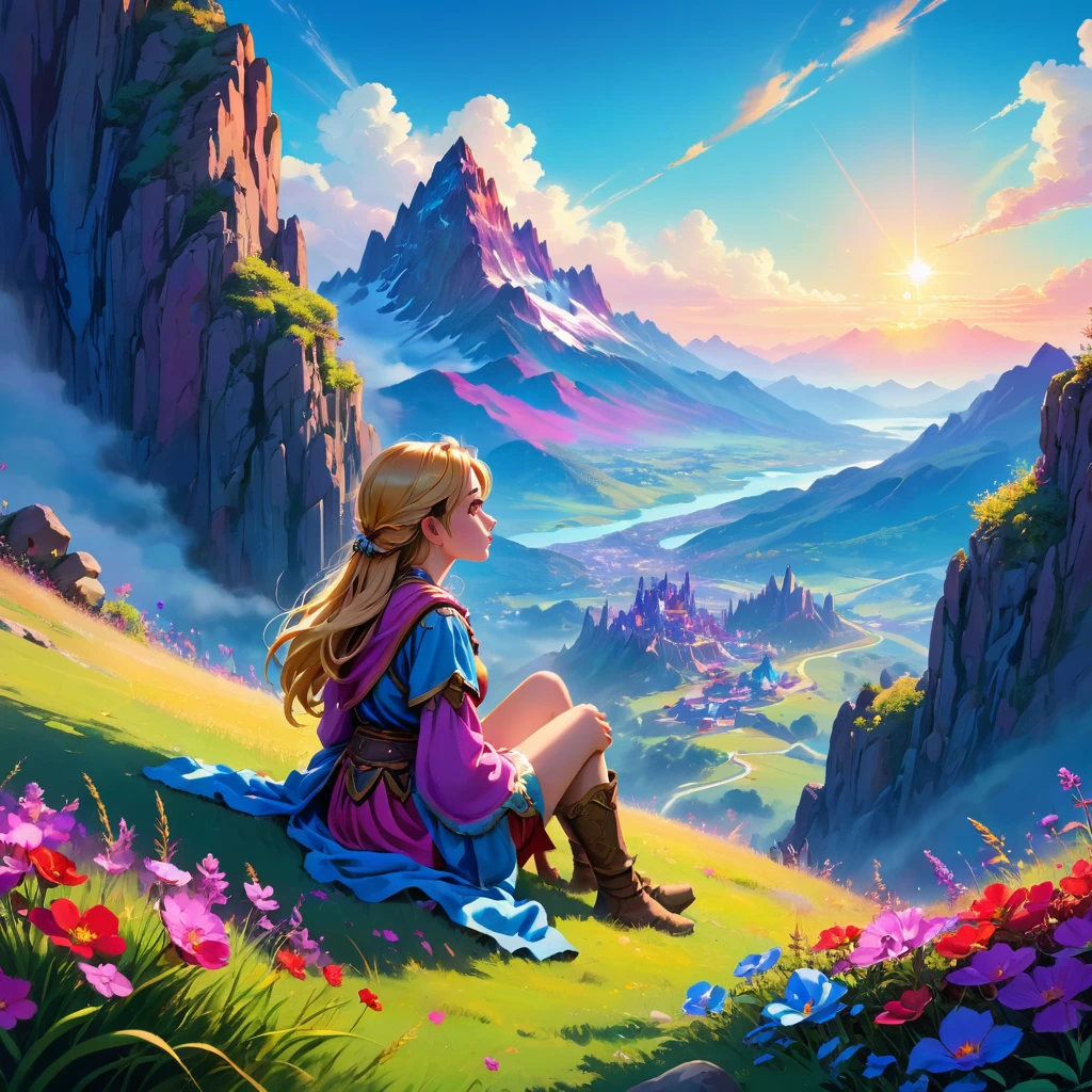 anime-style illustration, The image shows a young woman sitting on the grass watching overlooks the vast expanse of clear blue sky and mountain, flower colorful color blue red green purple yellow, fantasy world medieval, rocks, The scene is depicted in a highly saturated and vibrant style, Vibrant colors include deep purples, electric blues, neon pinks, and shimmering golds. The lighting is ethereal, intense and rich COLORS VIVID, strong exaggerated colors, glowing everywhere, dramatic lighting, epic, majestic, awe-inspiring, mystical, ethereal, The sky above is clear blue sky, The atmosphere is full of magical color films, High Detail.
