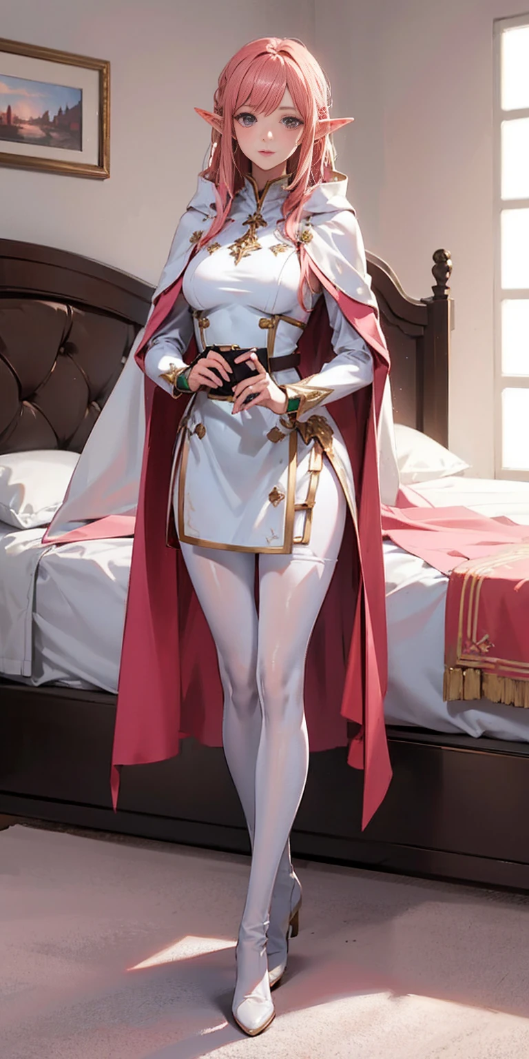 red tinted hair, white armor, long cape, long black glovelack pantyhoses, beautiful female standing with white boots, (elf), (1girl), solo, sitting on bed, bedroom background (PINK SHEETS and a pillow)