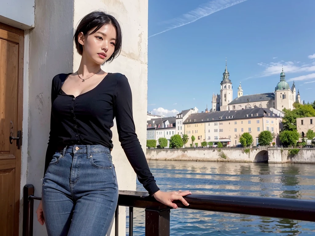 The name is Asako., high quality, 1 woman, ((36-year-old healthy Korean woman)), ((36 years old)), 1 woman, ((slim)), ((short medium hair)), pose: standing, Edgy Generation-Z famous brand dark colored T-shirt and pale cardigan, casual pants, background:Your residence is a baroque townhouse with a plaster façade and wrought iron railings.., Overlooking the Salzach River and Hohensalzburg Fortress