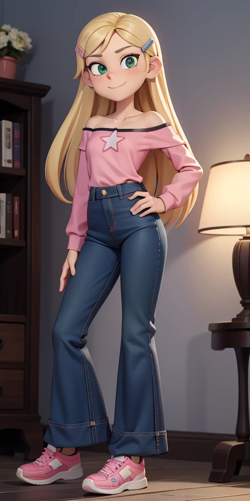 score_9, source_cartoon, masterpiece, best quality, 1girl, solo, Kelly Marra, looking very happy, long hair, blonde hair, cute green eyes, hair ornament, white long sleeves, hairclip, flare blue pants(Wide flares on pants:1.2), pink shoes, off shoulder, white star (symbol) in the middle of the shirt, Pink t-shirt,
