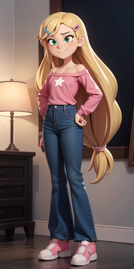 score_9, source_cartoon, masterpiece, best quality, 1girl, solo, Kelly Marra, looking very happy, long hair, blonde hair, cute green eyes, hair ornament, white long sleeves, hairclip, flare blue pants(Wide flares on pants:1.2), pink shoes, off shoulder, white star (symbol) in the middle of the shirt, Pink t-shirt,
