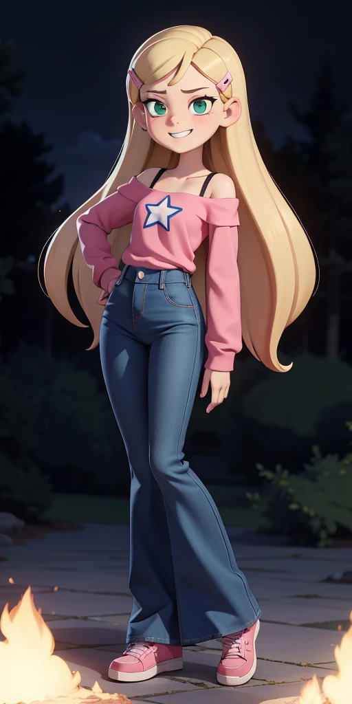 score_9, source_cartoon, masterpiece, best quality, 1girl, solo, Kelly Marra, looking very happy, long hair, blonde hair, cute green eyes, hair ornament, white long sleeves, hairclip, flare blue pants(Wide flares on pants:1.2), pink shoes, off shoulder, white star (symbol) in the middle of the shirt, Pink t-shirt,
