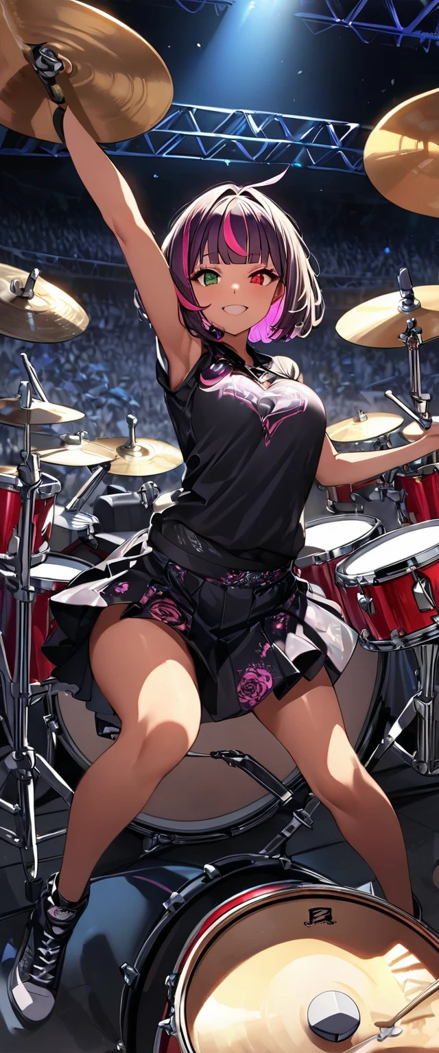(highest quality:1.2, Very detailed, up to date, Vibrant, Ultra-high resolution, High Contrast, masterpiece:1.2, highest quality, Best aesthetics), girl、slim,((drummer:1.5)), heterrochromia, green eye, red eye, Passionate performance、stage、performance、Rock Music、Bright colors、Beautiful fine details、Beautiful lip detail、extra short hair, ((bob cut:1.5))、pink and purple ((streaked hair:1.9)), (highlights hair: 1.6), middium breast, (tan skin:1),Concert Light、Edgy Style、colorful Cheongsam, (no sleeve:1)、Dynamic Movement、hypnotic sounds、((playing rock drums with the drum set, Bass Drum, Floor tom, Snare drum, Rack tom, Hi-hat, Crash cymbal, Ride cymbal:1.5)),, Stadium、amplifier、Loud music、,Sparkling stage、Concert atmosphere、Music Festival、Full of emotion、Rock star attitude、Resolute expression、Avid Fan、The presence of an attractive stage、 Expressive gestures、Rock star aura、An exciting atmosphere、An unforgettable show, (Floral Fineline tattoo design on right arm:1),