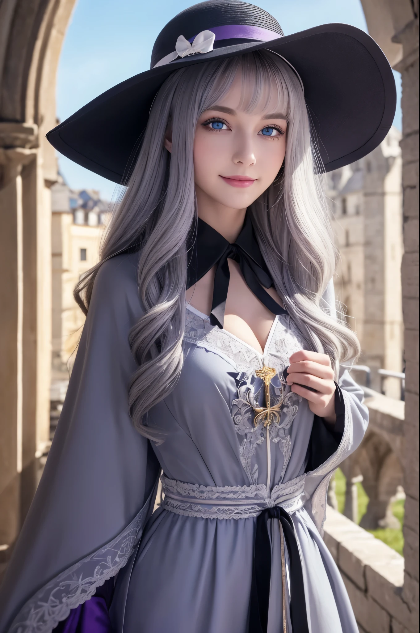Elaina_(May_no_gossip), amazing, masterpiece, 4K,, One girl, feminine, beautiful, cup, Grey Hair, Big magic hat + Top is black、Inside is purple, blue eyes, White shirt, Yellow ribbon, Black Robe,, cute, View your viewers, smile, Magical girl, Background Medieval Europe,