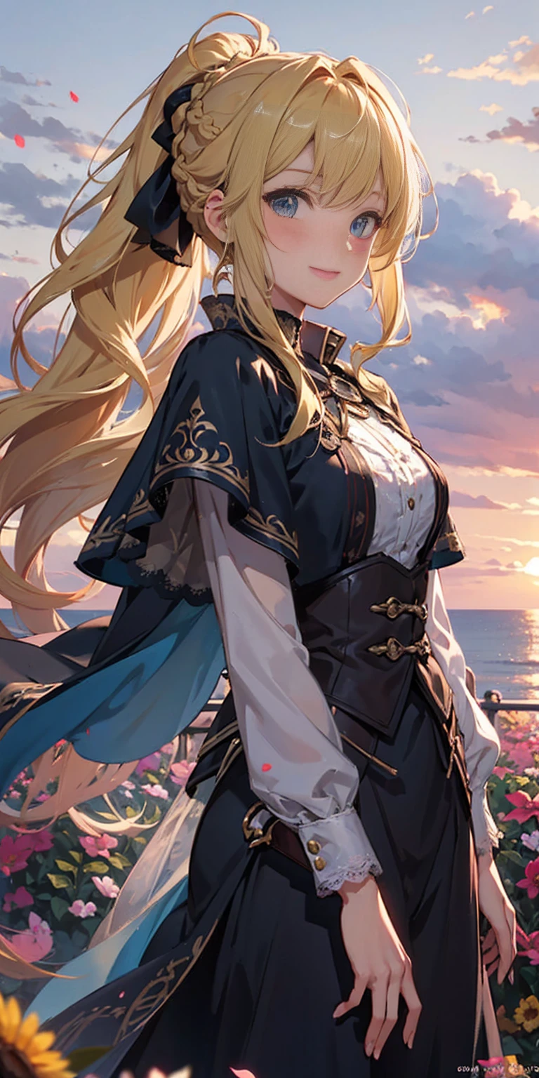 best quality, masterpiece, extremely detailed, detailed background, 1girl, solo, yellow hair, blue eyes, braid, long hair, wavy hair, fluffy hair, ponytail, french braid, blush, smile, capelet, lace trim, bodice, sunset, dusk, scenery, high place, horizon, wind, wind blow, flowerbed, looking at viewer, depth of field, bokeh