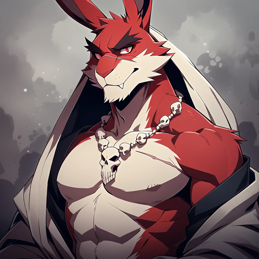 (Rabbit), anthropomorphic red rabbit, alone, (scar on left eye), (2-tone white and red fur), (neck), (perfect red eyes:1.4), (Artist:Takemoto Arashi), twitch, mature face, older, clear facial details, Rough intimidating, , side of character, long eyelashes, fang, serius , Black shirt, Bone necklace, exposing chest, ((show upper body)), ((Bust)), Full Length Portrait, Tonalism, Head Out of Frame, Outer Border, Tachi-E, High Details