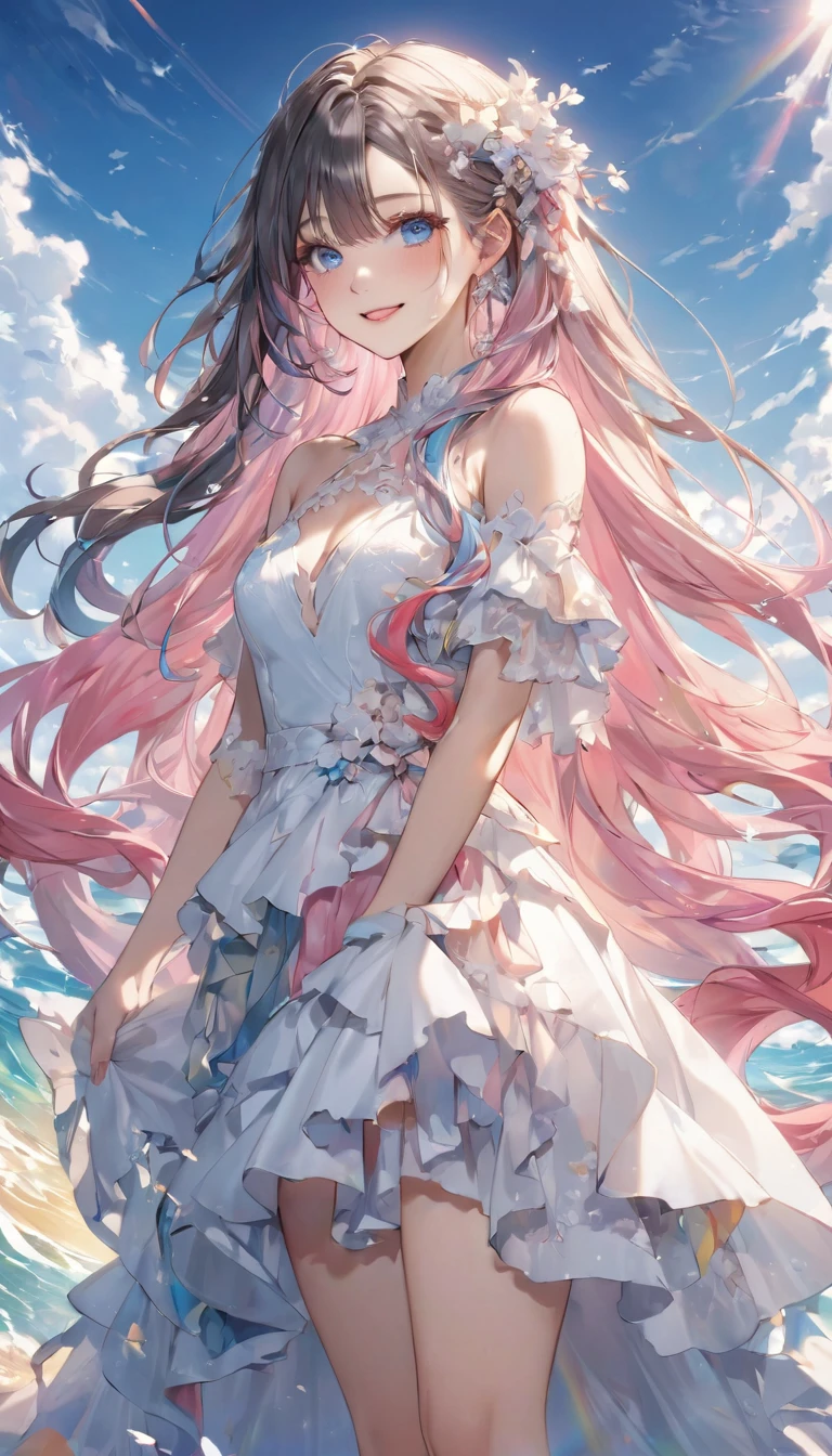 Stunning portrait of a 17-year-old girl with rainbow hair, Blue and pink mix, Under the bright sky on a sunny summer day、The breathtaking views unfold。Half blue and half pink、Colorful Girl, Flowing Hair、Standing with a captivating smile。Long curls cascading down like golden waves、Bright sky blue eye frames。Red and black repair dress 1.Wearing a voluminous 2m skirt、Captivate the audience with elegance。The dress was torn in many places、It will be clear